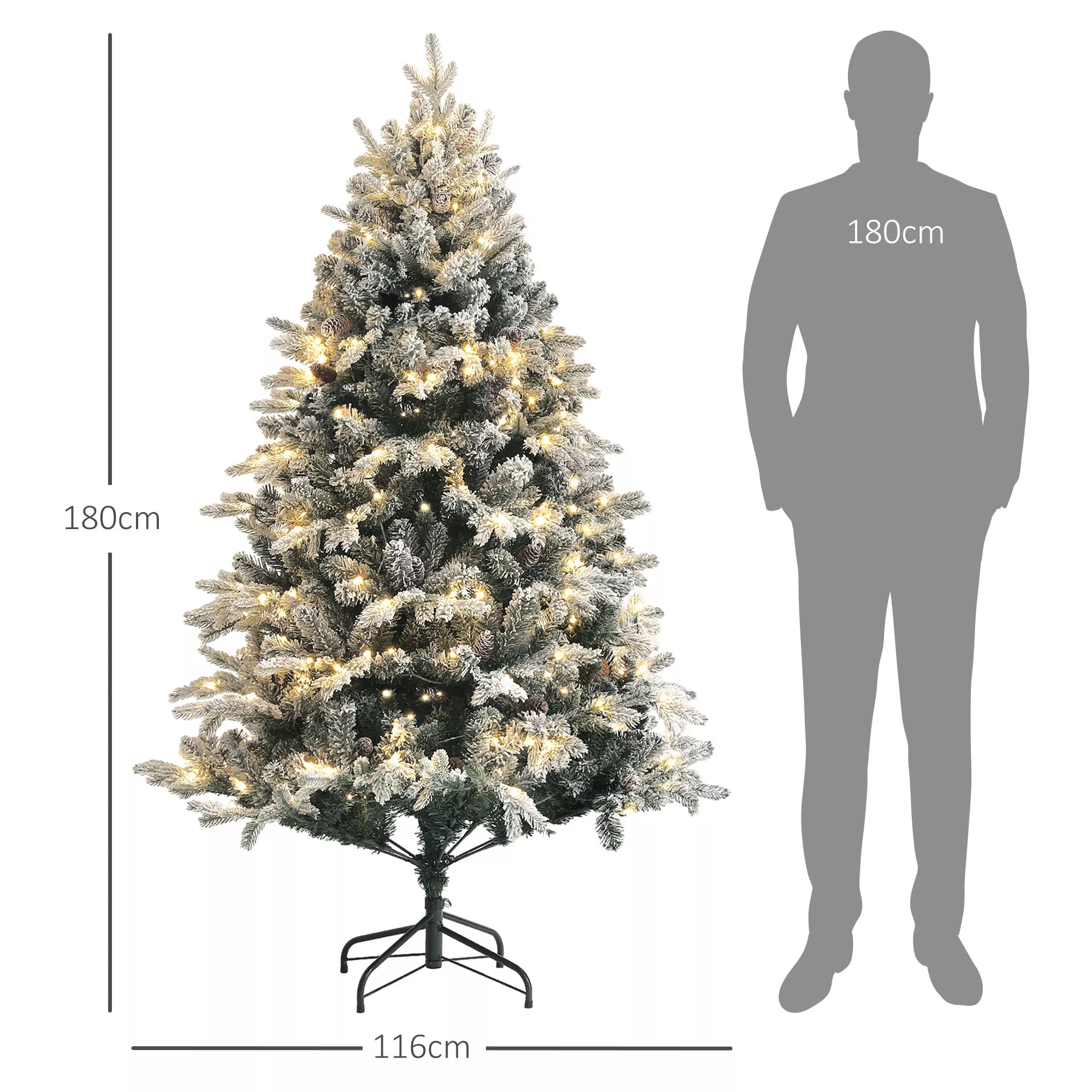 Dirbtinė Kalėdų eglutė, 180 cm, su LED lemputėmis, padengta sniegu, antipireninė, metalinė