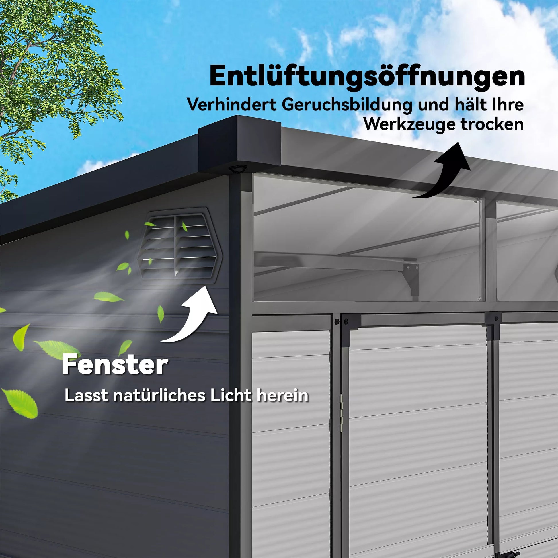 1,9 x 1,9 m sodo ir įrankių namelis iš plastiko, su užrakinamomis durimis, 2 ventiliacijos angomis, šviesiai pilkas