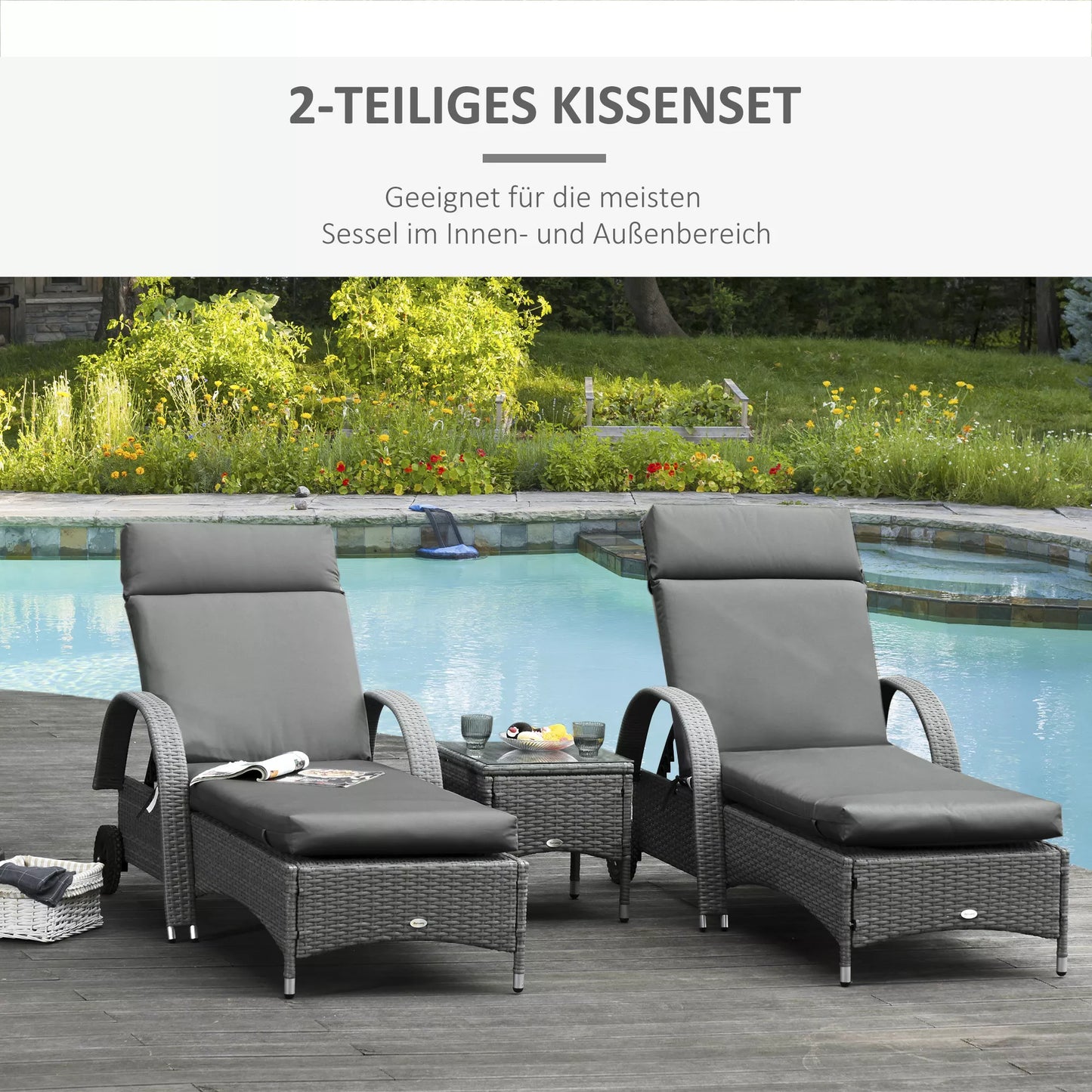 2 vnt. komplektas saulės gultui, sodo gulto čiužinys, itin storas 8 cm, tamsiai pilkos spalvos, tik pagalvė