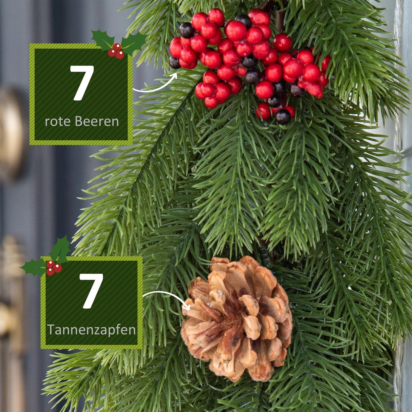 Kalėdinė girlianda 1,9 m, dirbtinė eglės girlianda su kankorėžiais ir uogomis, Kalėdinė puošmena vidui ir laukui, žalia