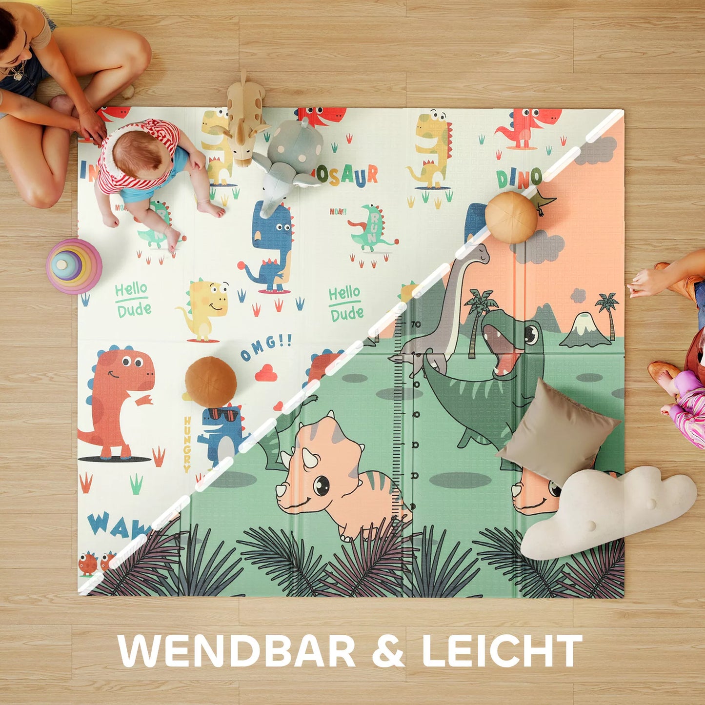 Vaikams skirta žaidimų kilimėlis 196 x 176 x 1,5 cm sulankstomas dvipusis ropojimo kilimėlis daugiaspalvis