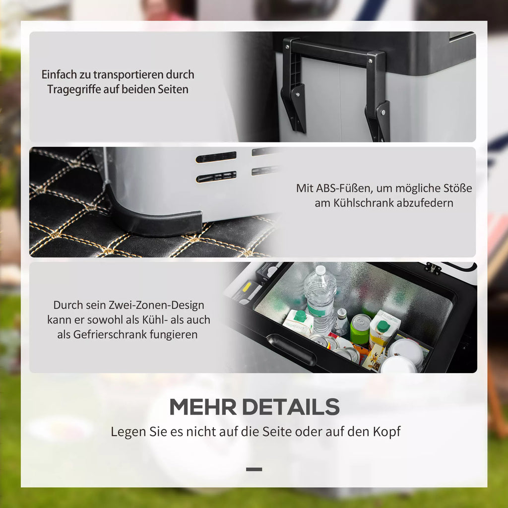 50 l automobilinis šaldytuvas su LCD ekranu, 2 režimais, kompresoriumi, rankenomis, tinka laivams, kemperiams, kelionėms, 12/24 V DC ir 110–240 V AC, pilkos ir juodos spalvos