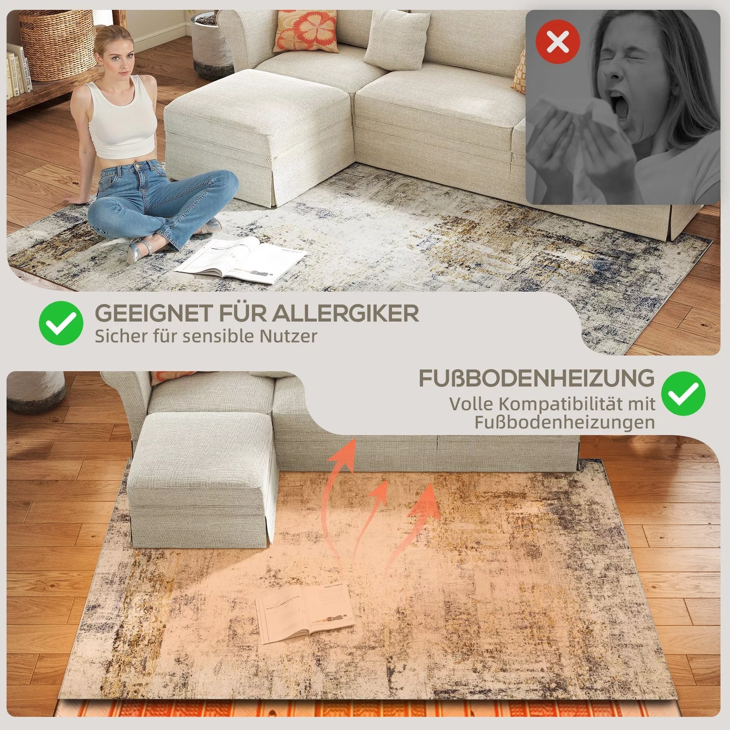 HOMCOM Svetainės kilimas, poliesteris, modernus meninis raštas, skalbiama, pilka