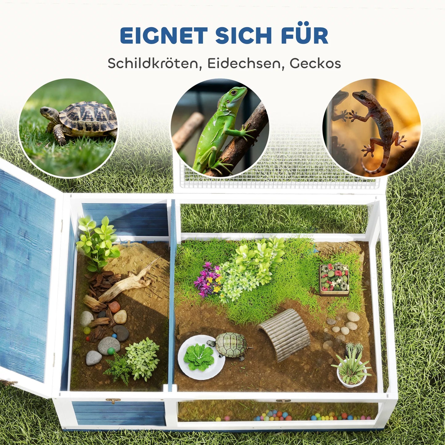 Medinis vėžlių namelis Vėžlių aptvaras su pagrindiniais nameliais, atverčiamu viršumi, 91x60,5x32 cm, mėlynas