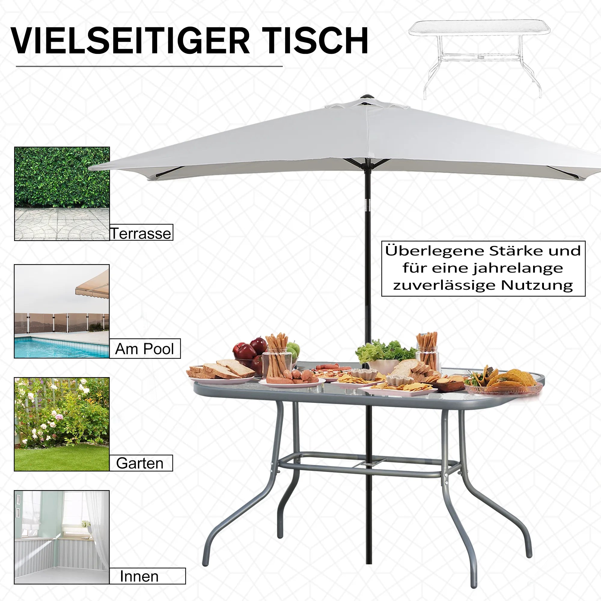 Sodo stalas Bistro stalas Balkono stalas Sodo pagalbinis stalas Bistro stalas Sodo baldai su stikliniu stalviršiu Skylė skėčiui Tvirtas stiklas + metalas Anglies pilkos spalvos  120 x 80 x 70 cm