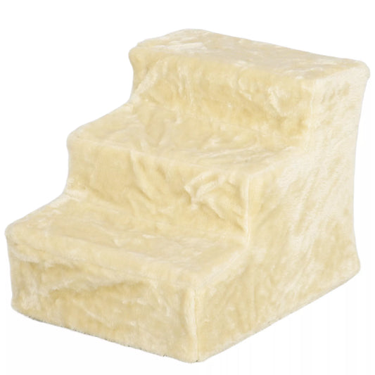 Sulankstomi 3 pakopų laipteliai gyvūnėliams, su plaunamu pliušiniu užvalkalu, iš medžio drožlių plokštės, 46 x 35 x 35 cm, smėlio spalvos