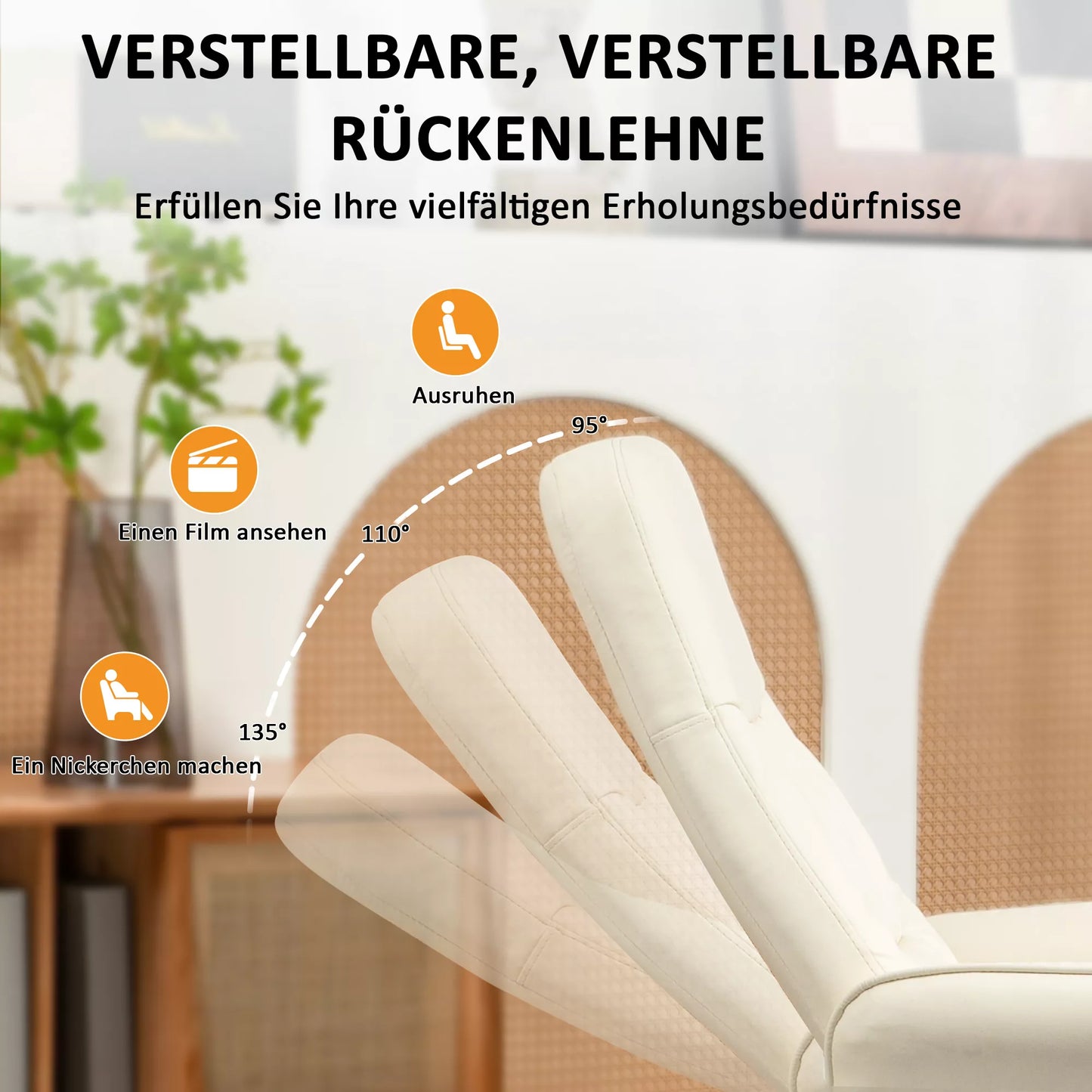 Atlojamas krėslas su pėdų atrama, Ergonominis krėslas su 10 vibracijos taškų, dirbtinė oda, 76 x 81 x 105 cm, kreminės baltos spalvos