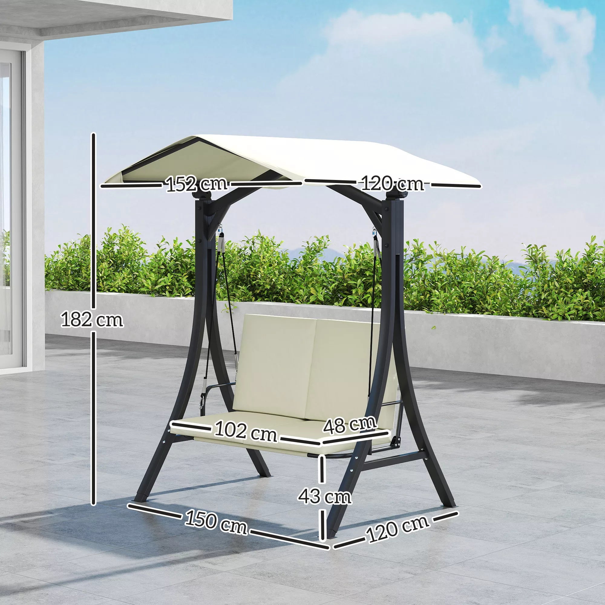 Lauko, sodo  sūpynės su reguliuojamu saulės stogu, sėdimoji dalis, 2 vietos, iki 220 kg, 150 x 120 x 182 cm, kreminė balta
