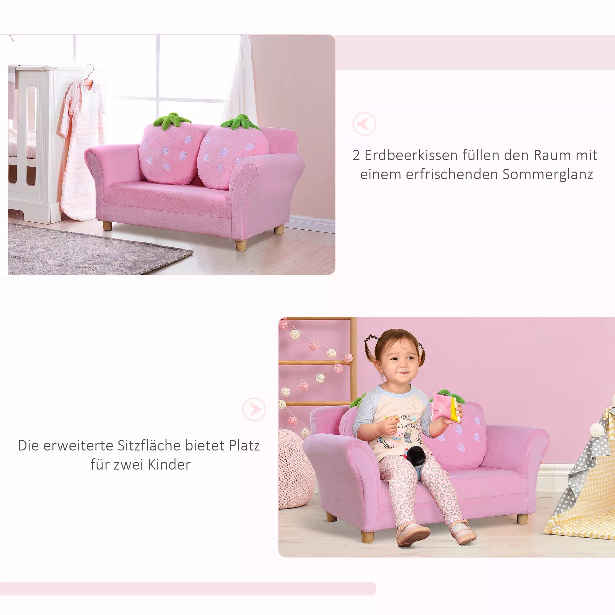 Rožinė vaikiška dvivietė sofa su braškės pagalvėlėmis ir vaiku