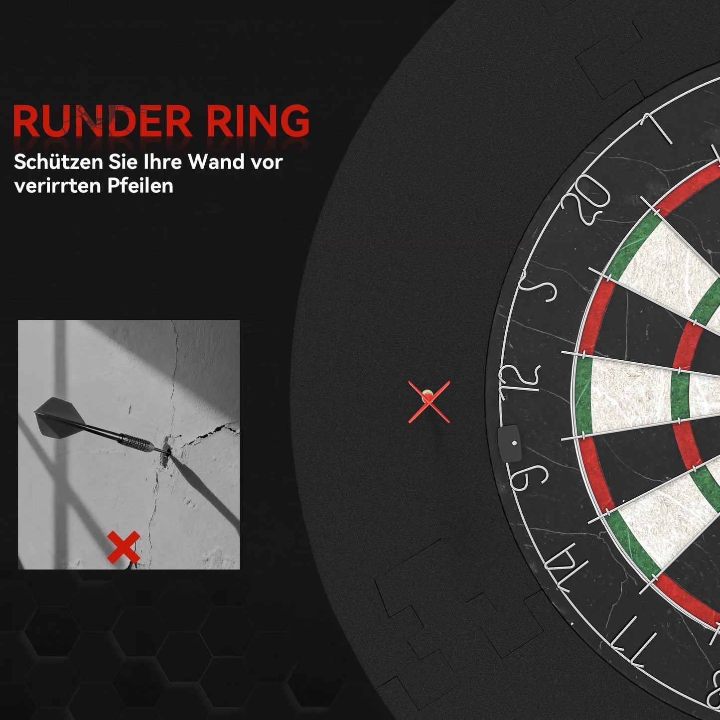 Dartų rinkinys su apsauginiu žiedu, 6 plieniniais smaigais, sizalis, plastikas, juodas