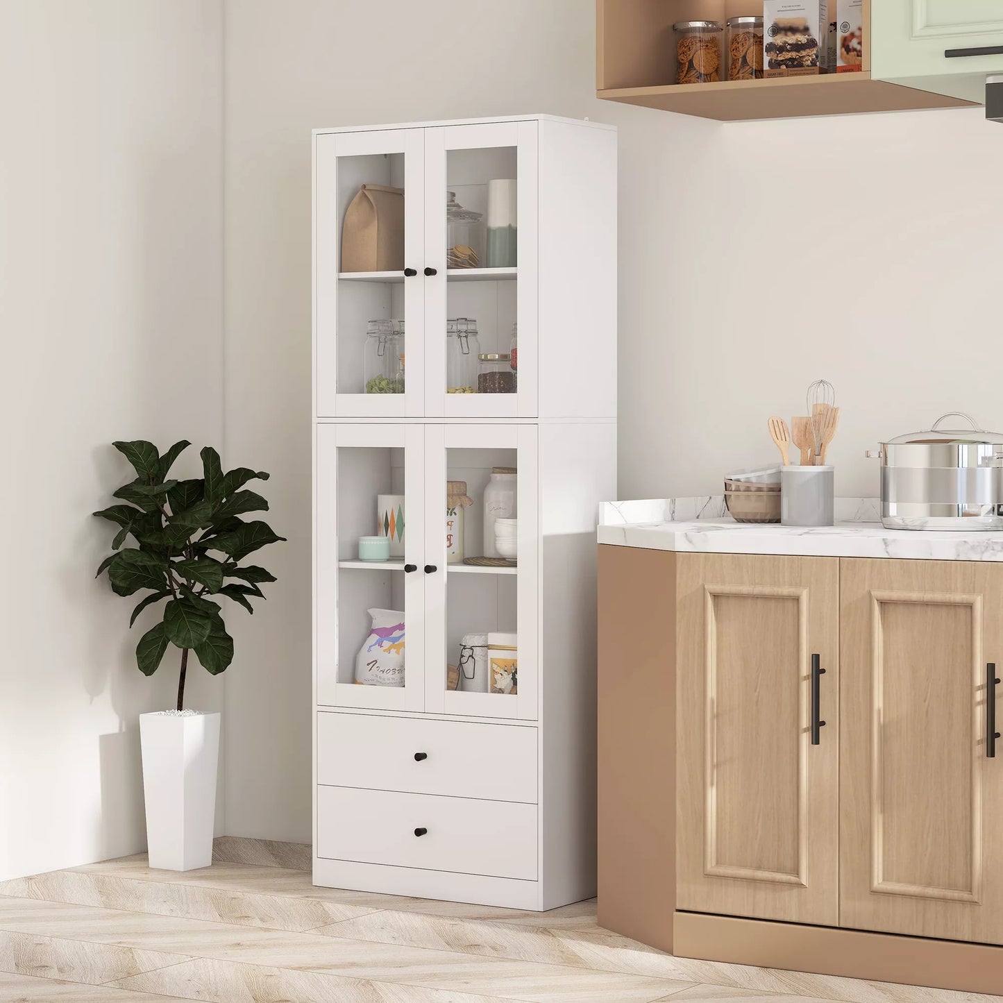 Virtuvės spinta su stalčiais ir stiklinėmis durimis, balta, melamino paviršius