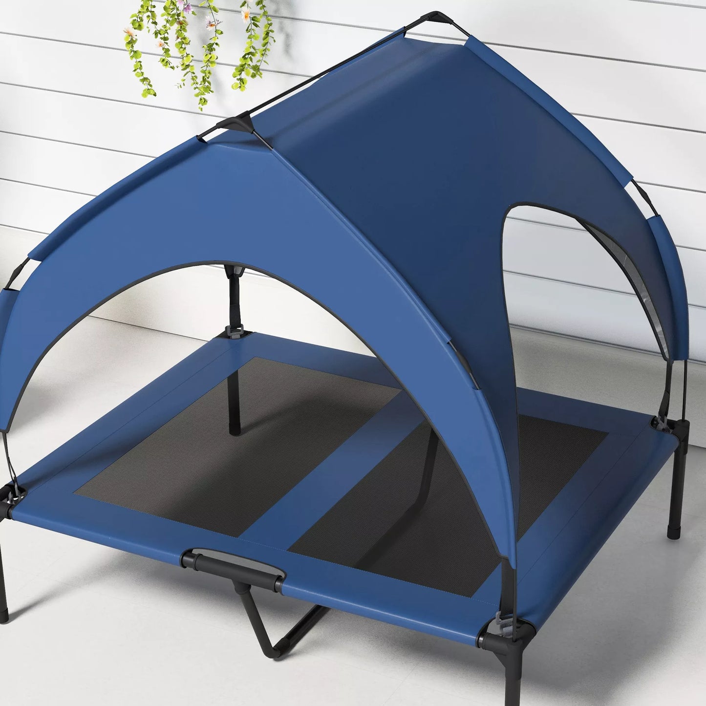 Šunų lova su stogeliu, kvėpuojanti, atstumianti vandenį, iki 30 kg, 91 x 76 x 89 cm, tamsiai mėlyna