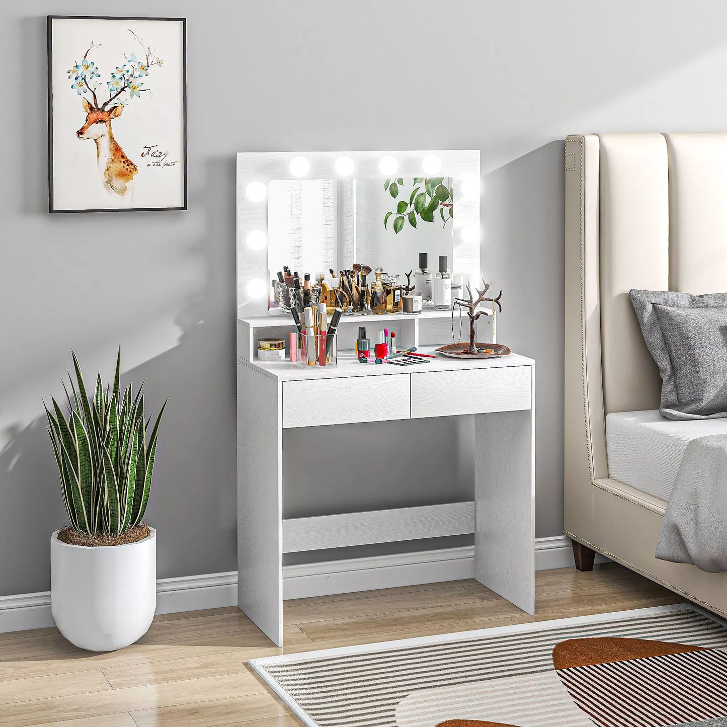 Modernus baltas kosmetinis staliukas su apšviestu veidrodžiu, stalčiais, 3 apšvietimo režimais ir 10 lemputių