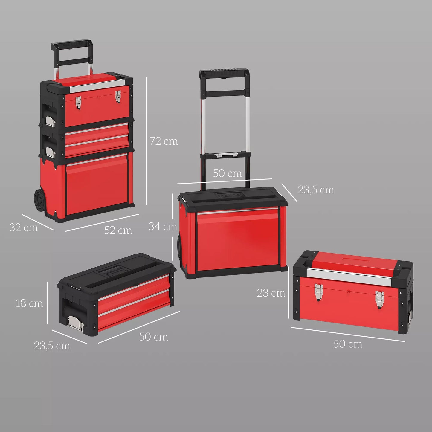 3 pakopų įrankių dėžių rinkinys su ratukais, sujungiamas, plienas, plastikas