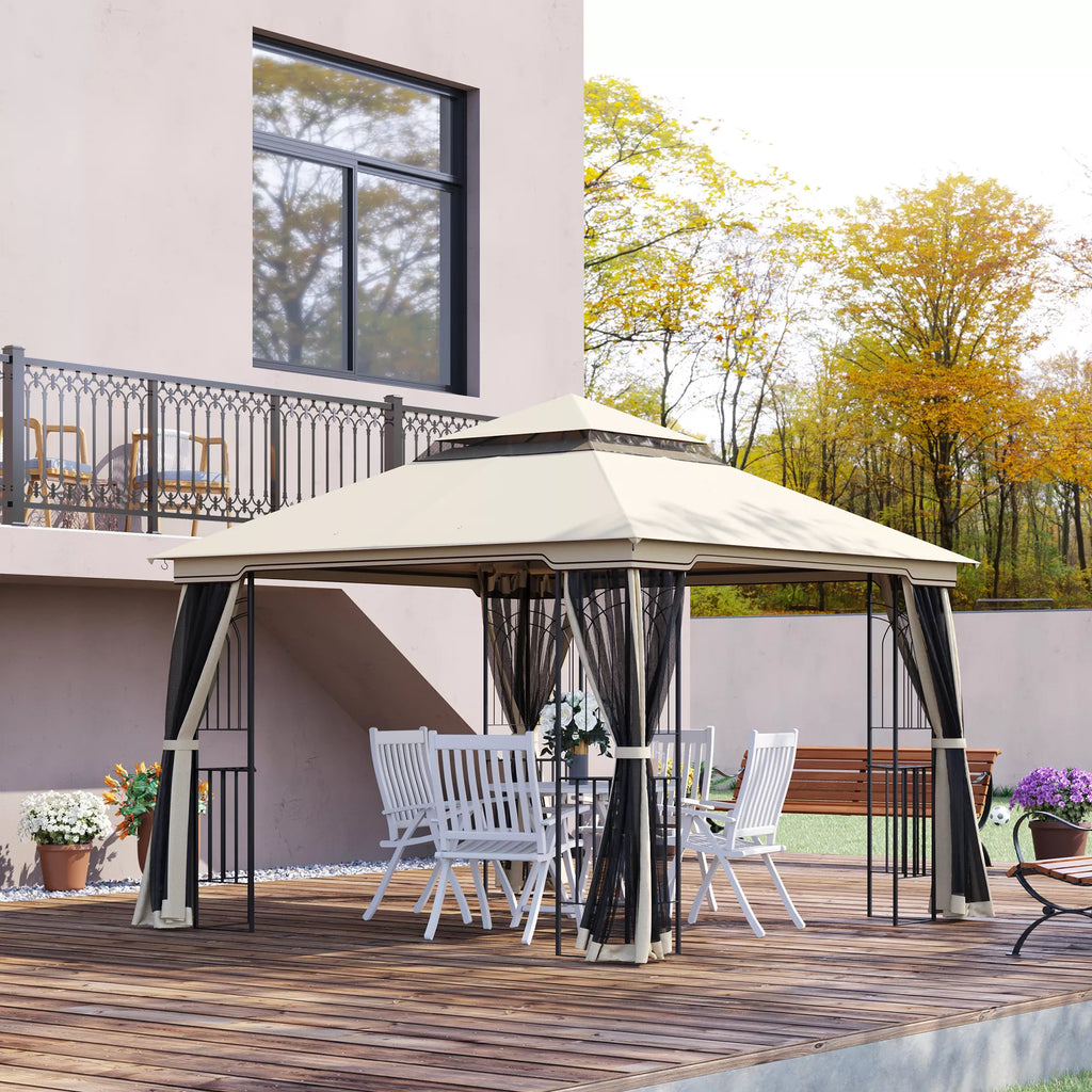 Sodo paviljonas su dvigubu stogu Paviljonas Sodo palapinė Šventinė palapinė 4 x šoninės sienos Metalo + poliesterio smėlio spalvos 2,99 x 2,99 x 2,74 m
