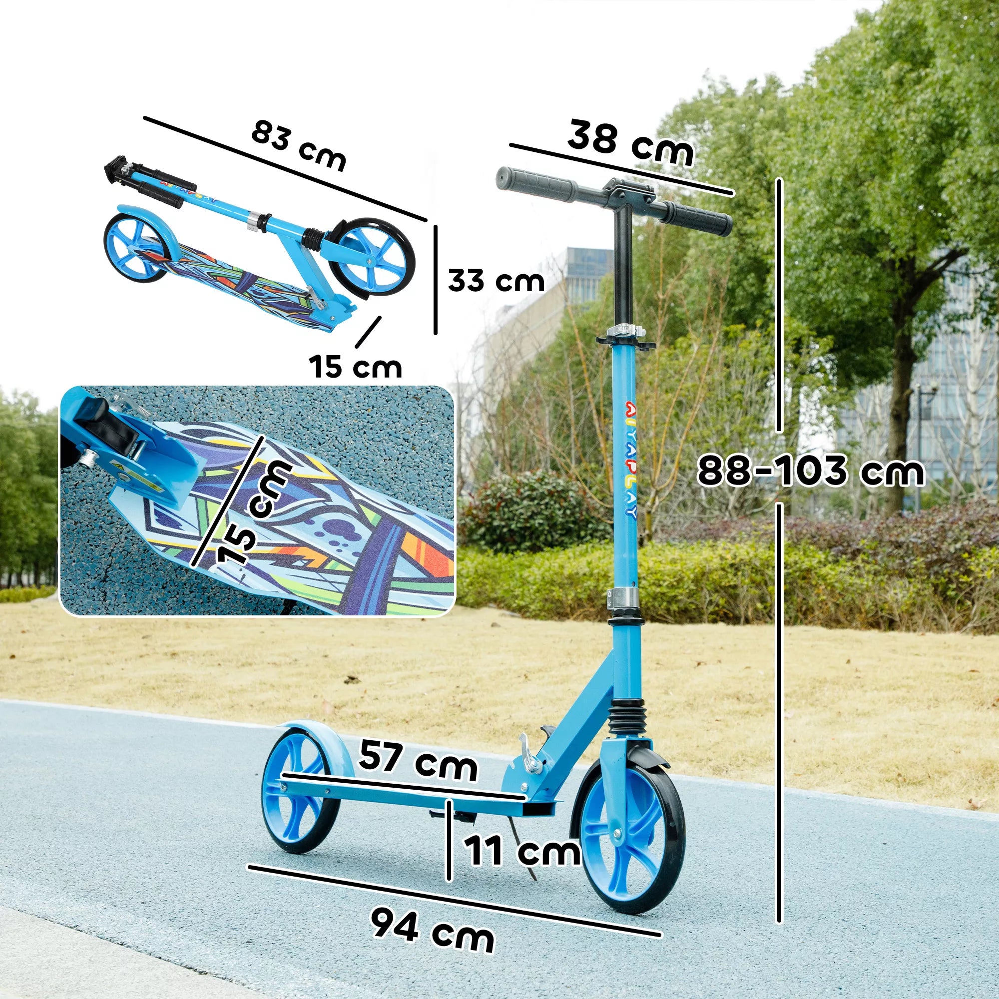 Tretroller, aukščio reguliuojamas, galinis stabdys, sulankstomas, 100 kg apkrova, mėlynas