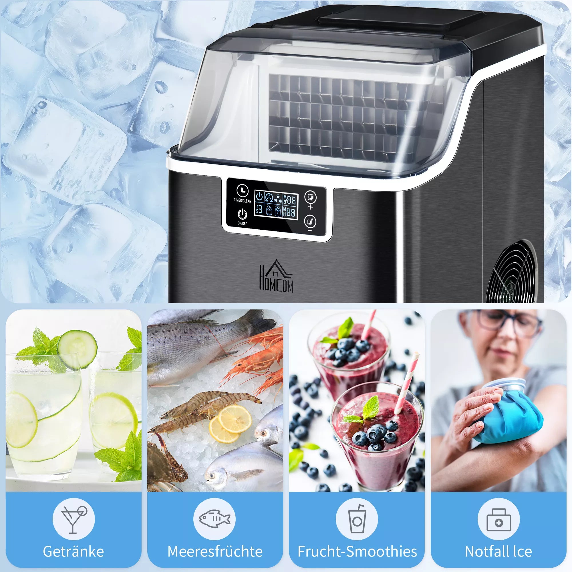 Ledo kubelių gaminimo aparatas Ledo kubelių dozatorius Ice-Maker 20 kg/24 val. 2,3 l ledo kubelių gaminimo aparatas su 3,2 l vandens rezervuaru, juodos spalvos