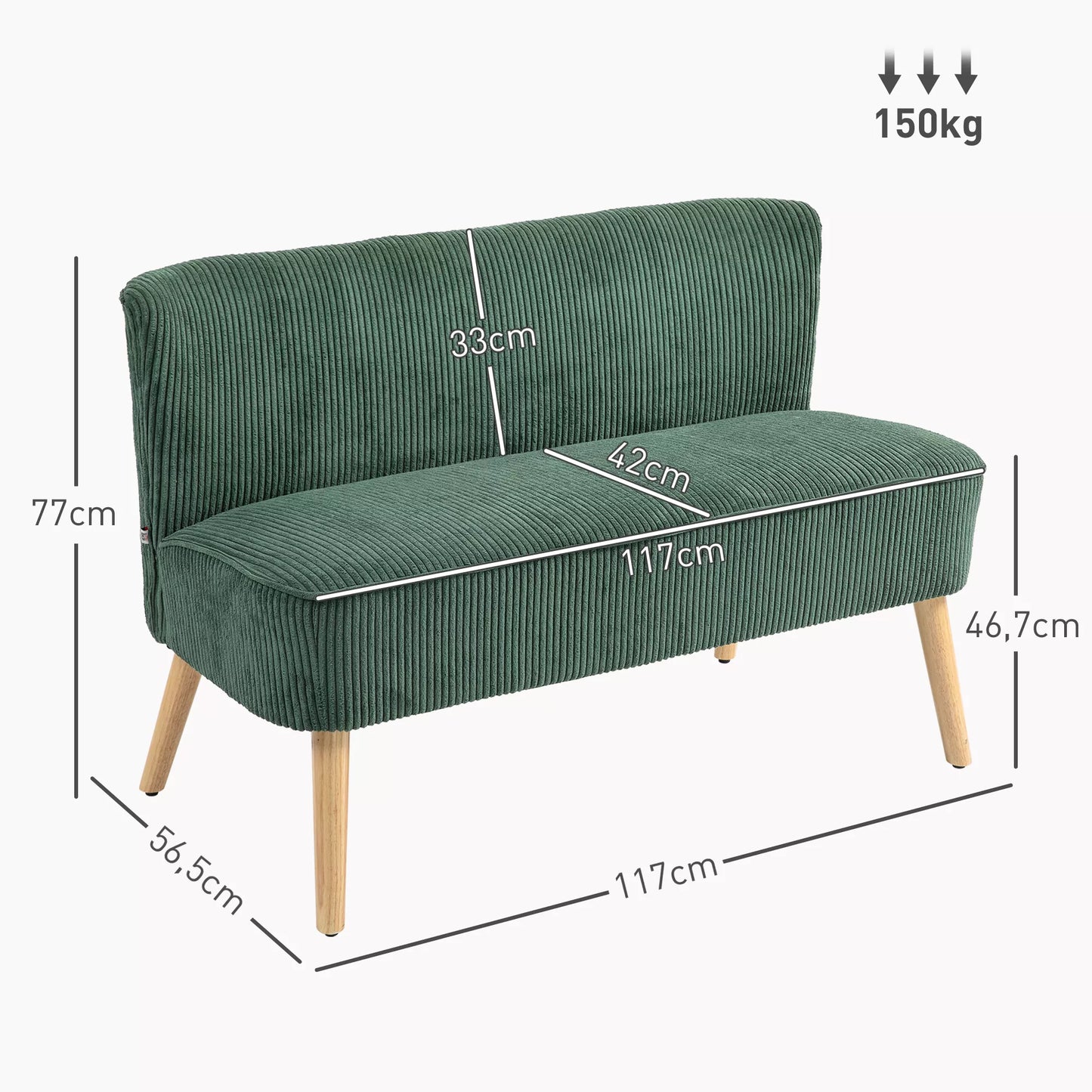 Dviejų vietų minkšta sofa, medinė, velvetinio poliesterio, su putplasčio užpildu, 117 x 56,5 x 77 cm, žalia