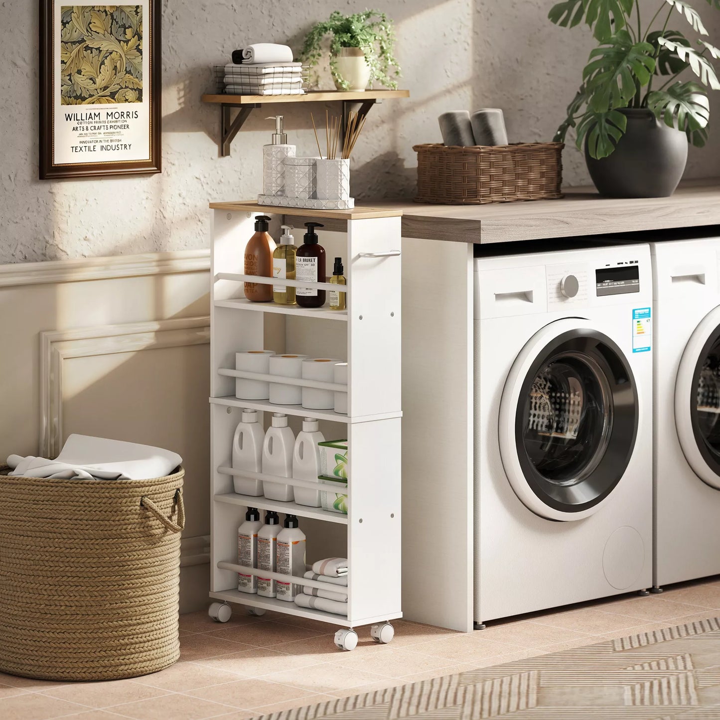 Daugiafunkcinė lentyna ant ratukų, siauras dizainas, 4 skyriai, 45x15x91 cm, Natūrali spalva