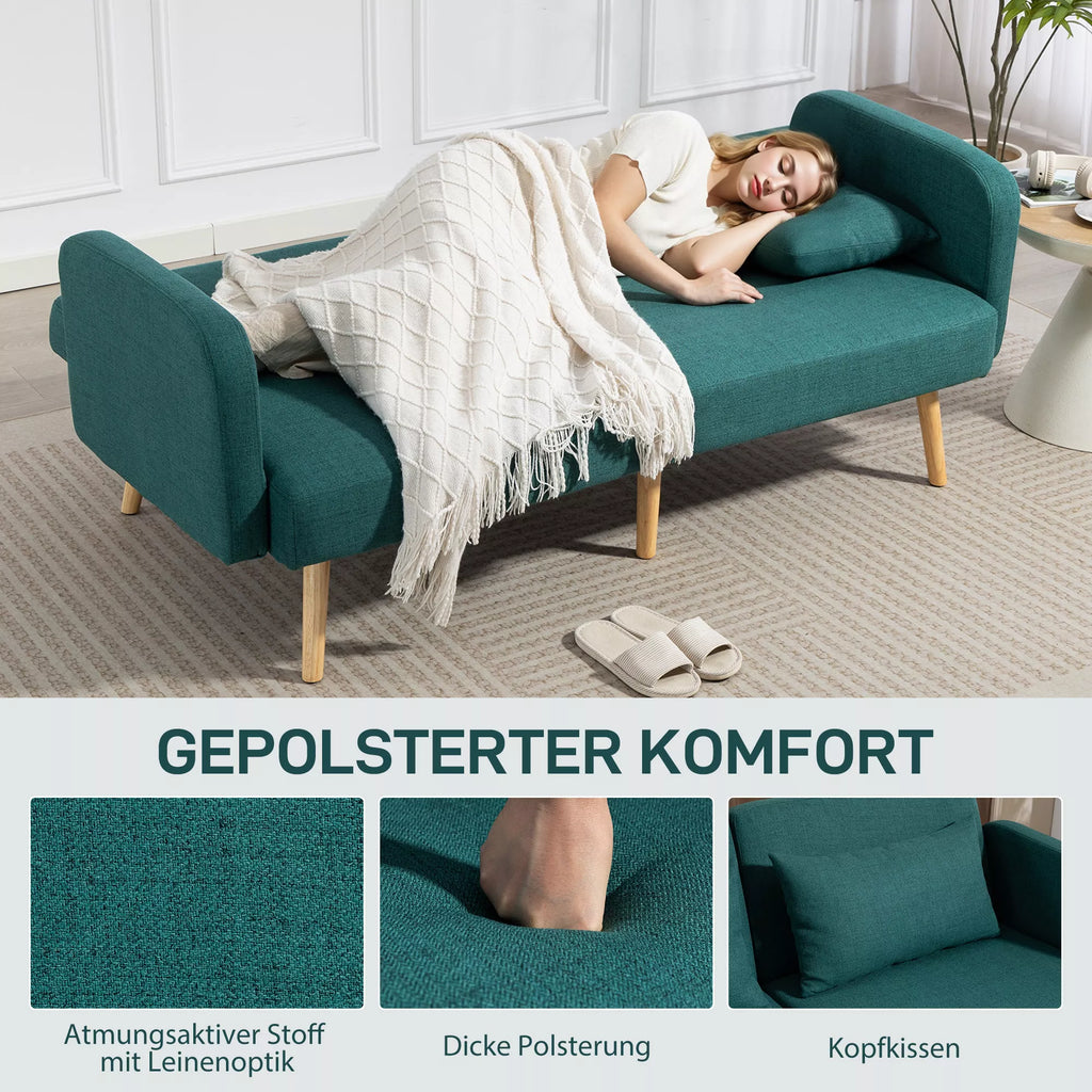 Miegamasis sofos, 3-vietė sofa su lovos funkcija, 2 pagalvės, minkšta sofa su reguliuojamu atlošu, lino išvaizda, žalia