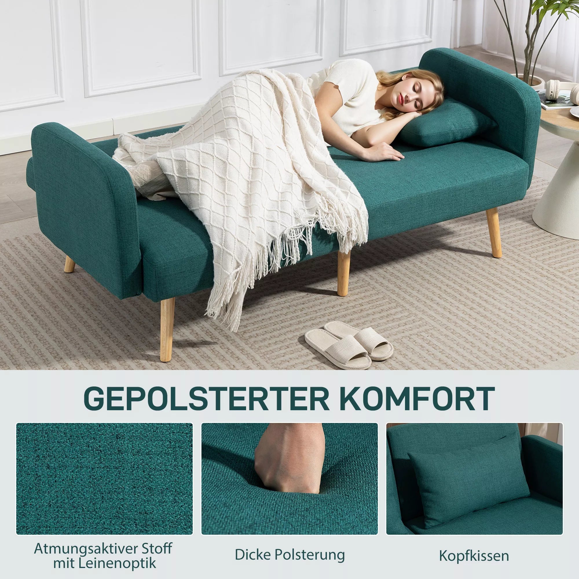 Miegamasis sofos, 3-vietė sofa su lovos funkcija, 2 pagalvės, minkšta sofa su reguliuojamu atlošu, lino išvaizda, žalia