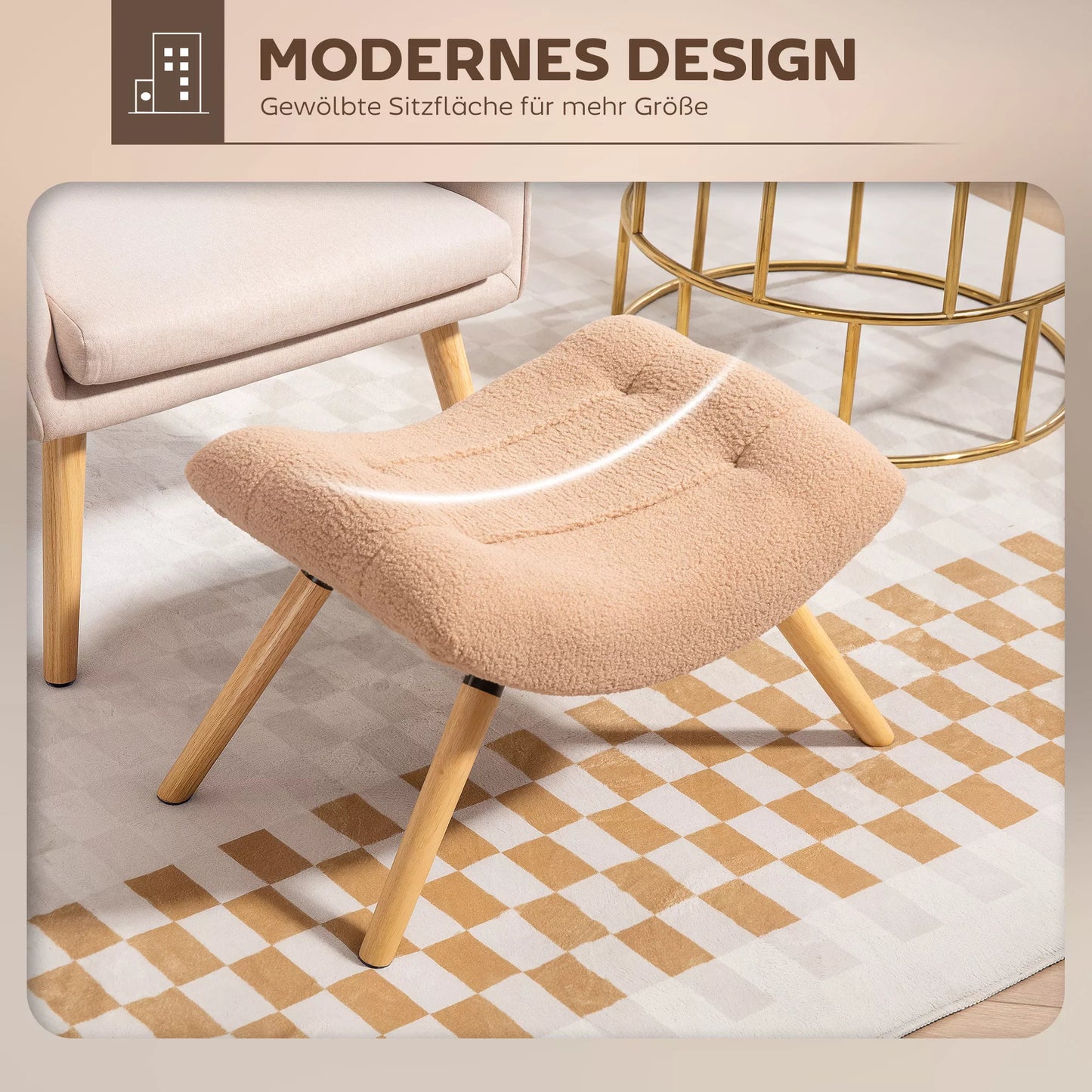 Modernus pufas su fliso apmušalu ir medinėmis kojomis, paminkštintas, skirtas svetainei, miegamajam, prieškambariui, rudas