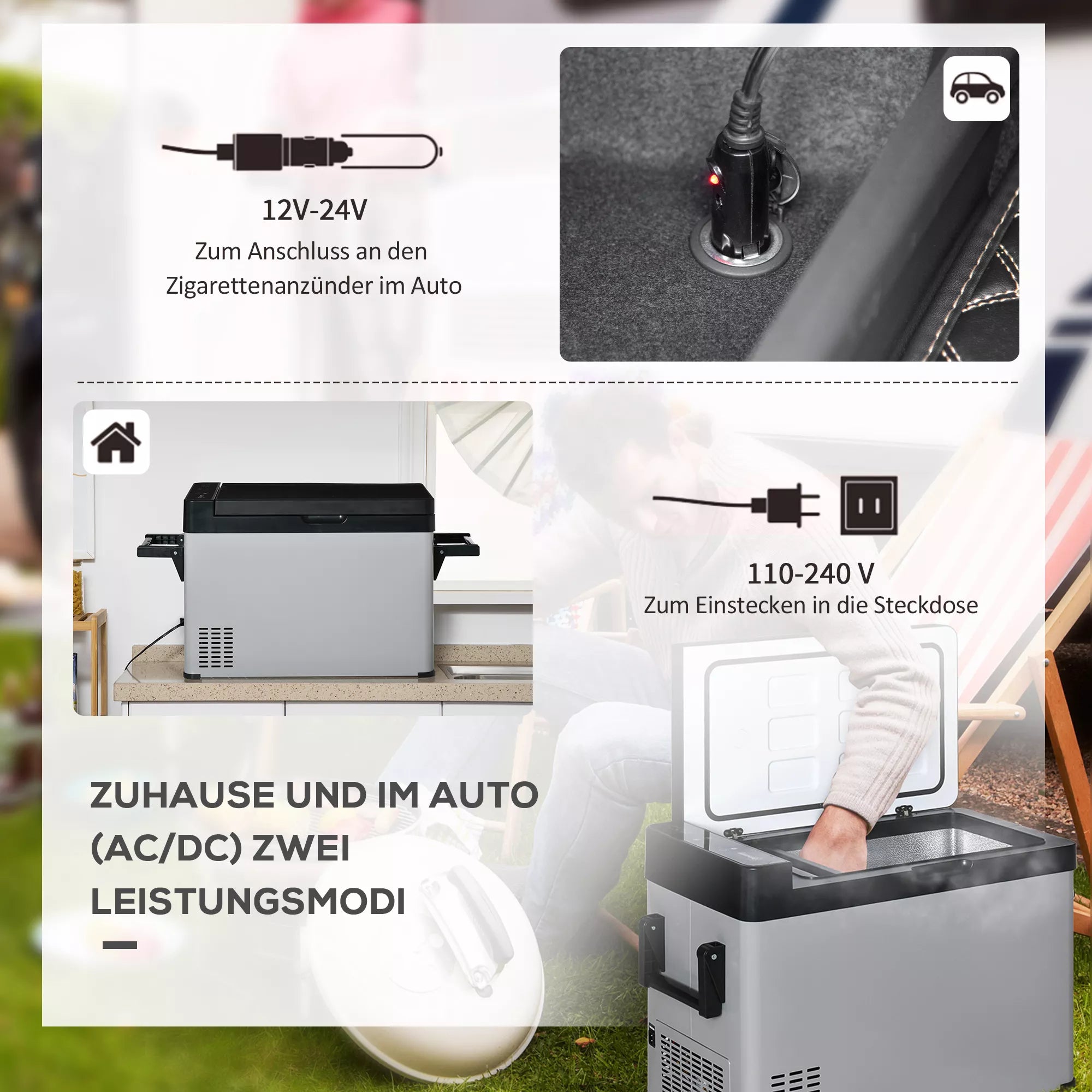 50 l automobilinis šaldytuvas su LCD ekranu, 2 režimais, kompresoriumi, rankenomis, tinka laivams, kemperiams, kelionėms, 12/24 V DC ir 110–240 V AC, pilkos ir juodos spalvos