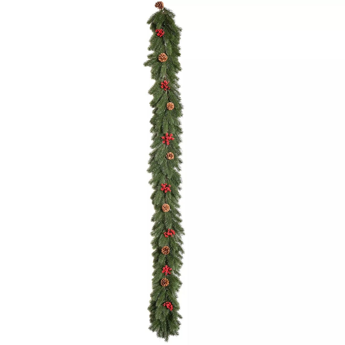 Kalėdinė girlianda 1,9 m, dirbtinė eglės girlianda su kankorėžiais ir uogomis, Kalėdinė puošmena vidui ir laukui, žalia