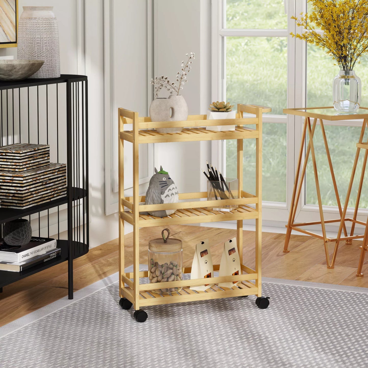 Serviravimo vežimėlis, 3 aukštai, grotelės, apsauga nuo iškritimo, bambukas, 55 x 20 x 75 cm