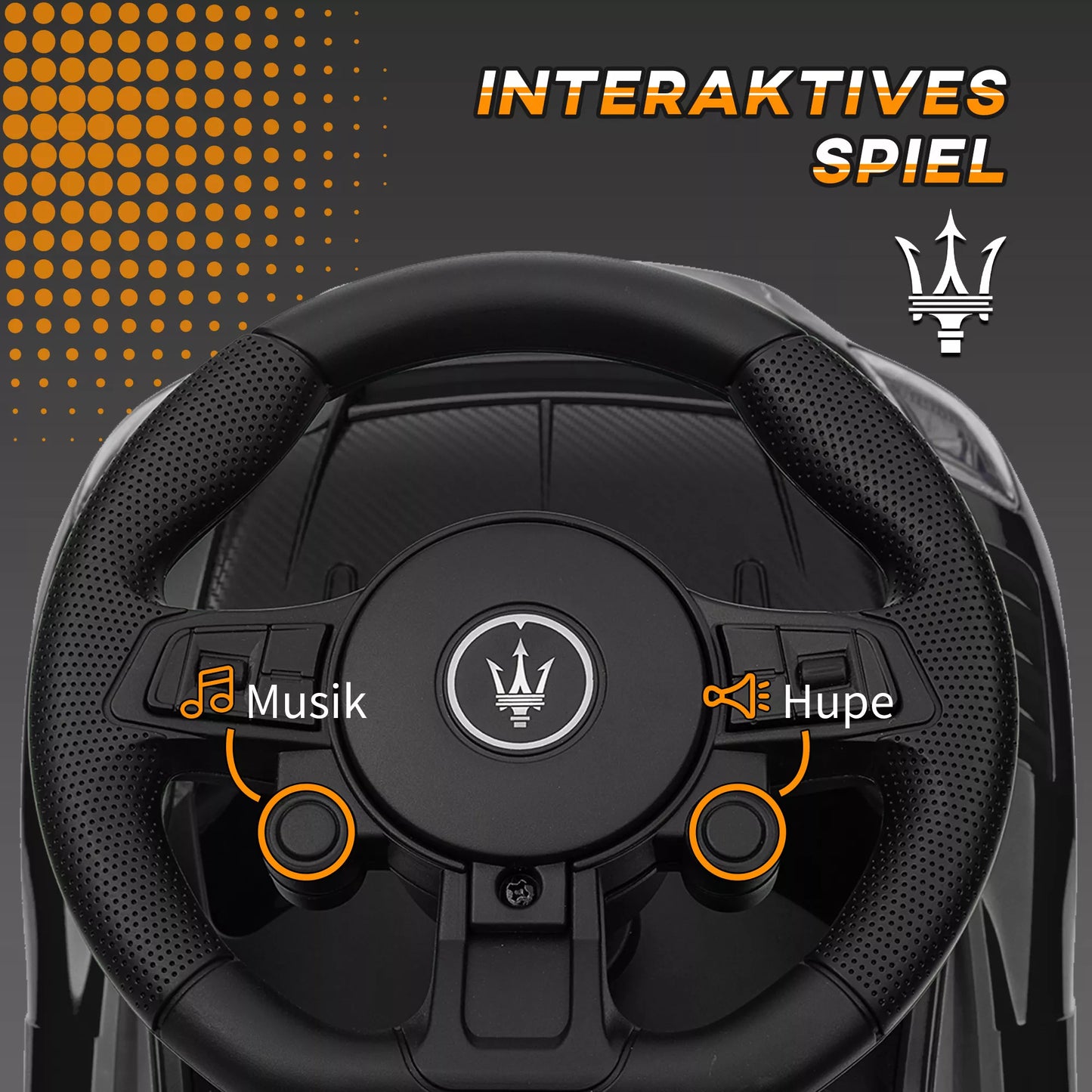 Paspiriamas automobilis Maserati, laikymo vieta, garsinis signalas ir muzika, tyliai riedančios padangos, nuo 1,5 iki 5 metų, iki 25 kg, juodas