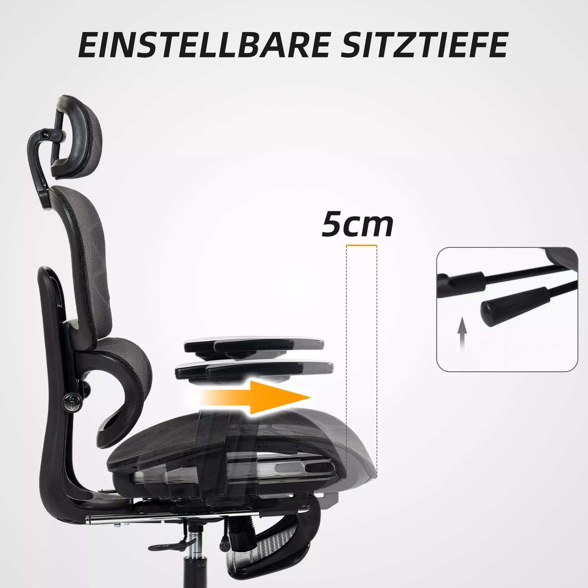 Infografika su juodos ergonominės biuro kėdės sėdimosios dalies gylio reguliavimo 5 cm schema
