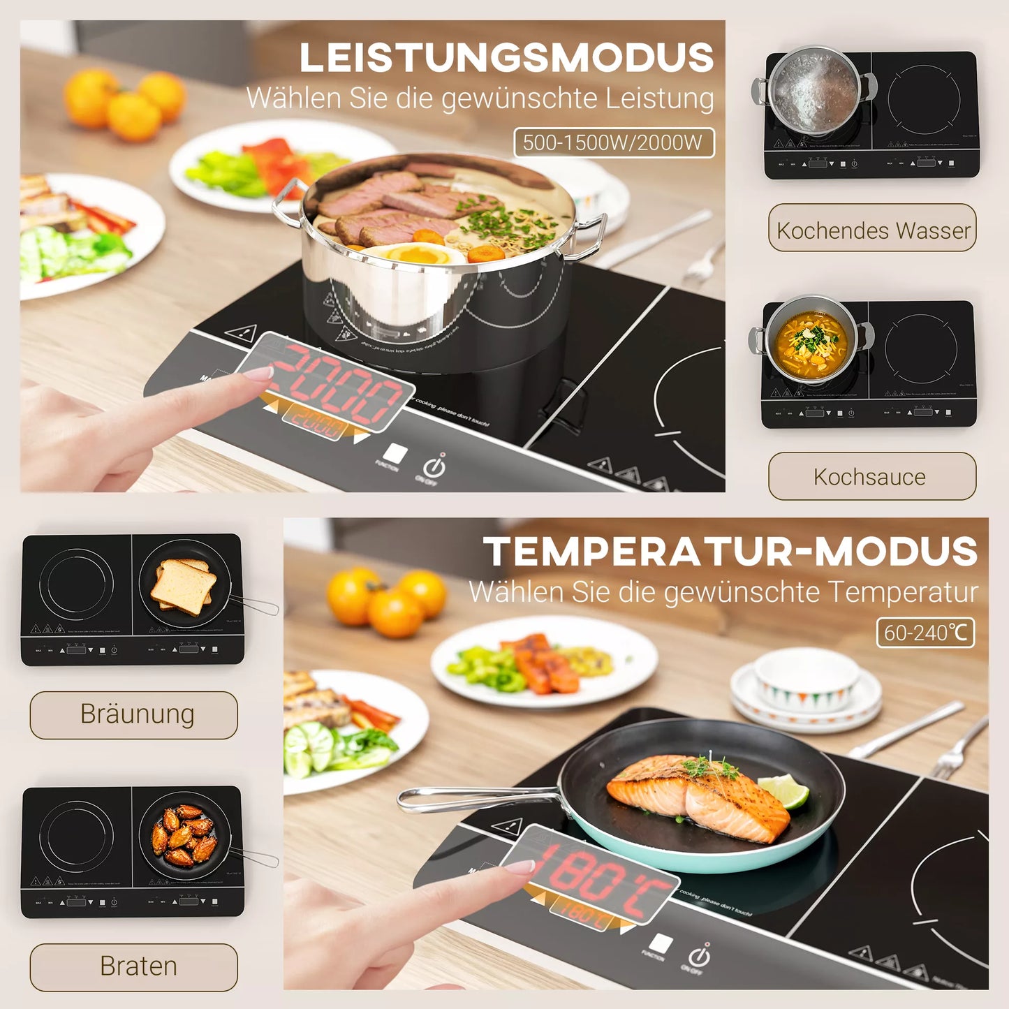 Nešiojama indukcinė kaitlentė, 10 lygių temperatūros reguliavimas, lietimatinis skydelis, juoda
