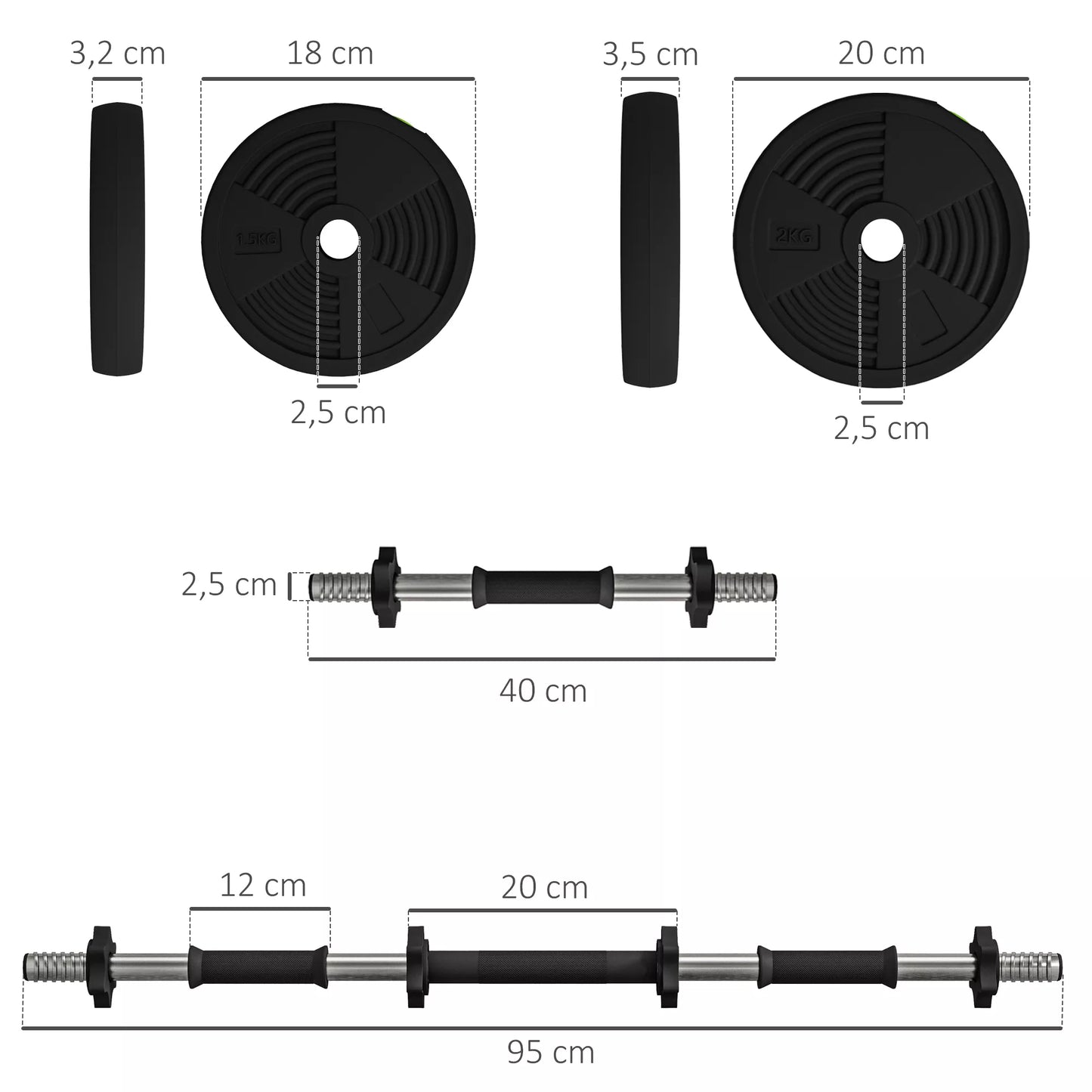 2-in-1 svarmen rinkinys, ilgas ir trumpas svarmuo, 15 kg, neslystantis, tausojantis grindis, juoda/žalia