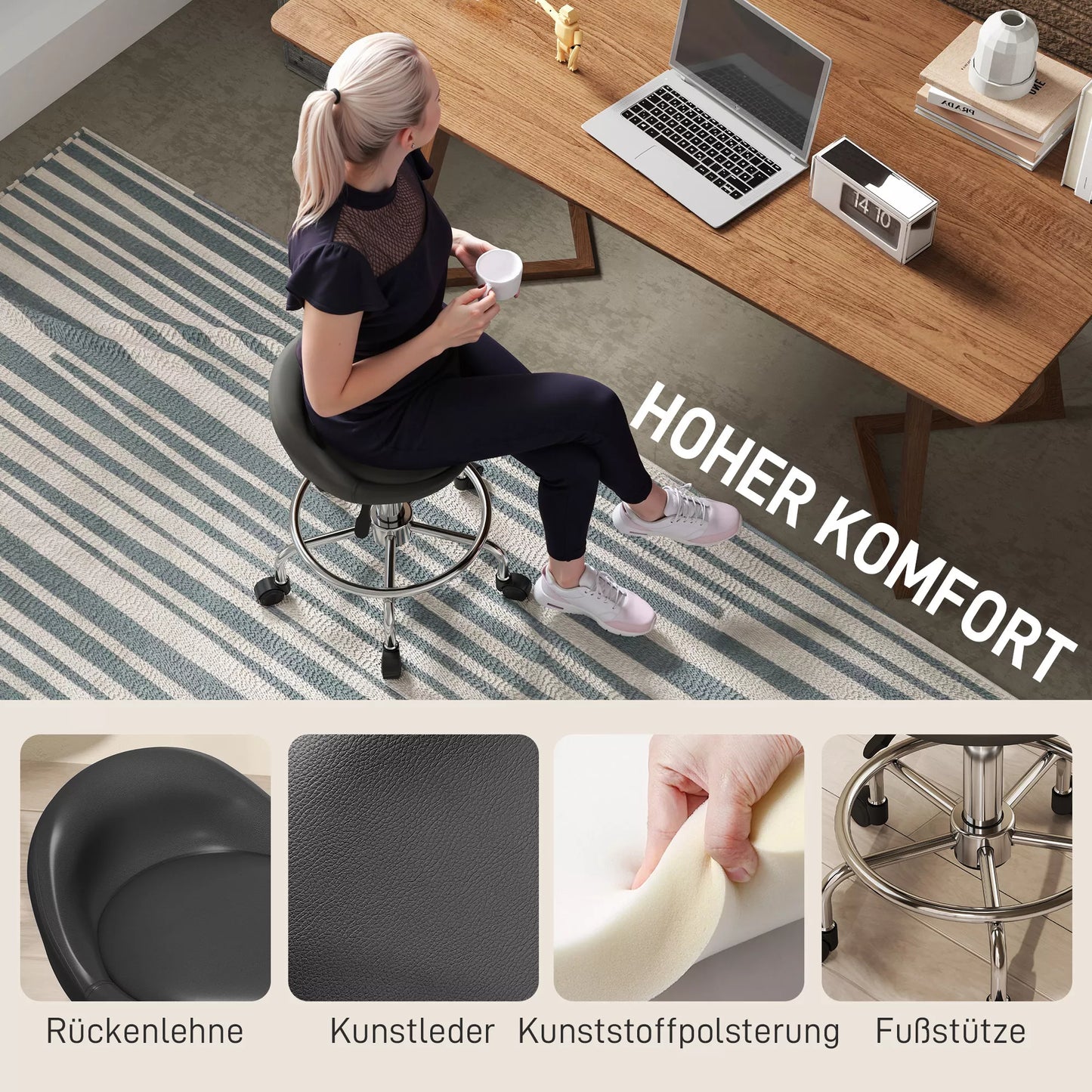 Aukštis reguliuojamas ratukinis taburetė su atlošu 59-75 cm, pasukama 360° darbinė taburetė, juoda