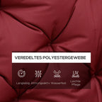 Pagalvėlės poliesterio audinio infografika su savybių piktogramomis