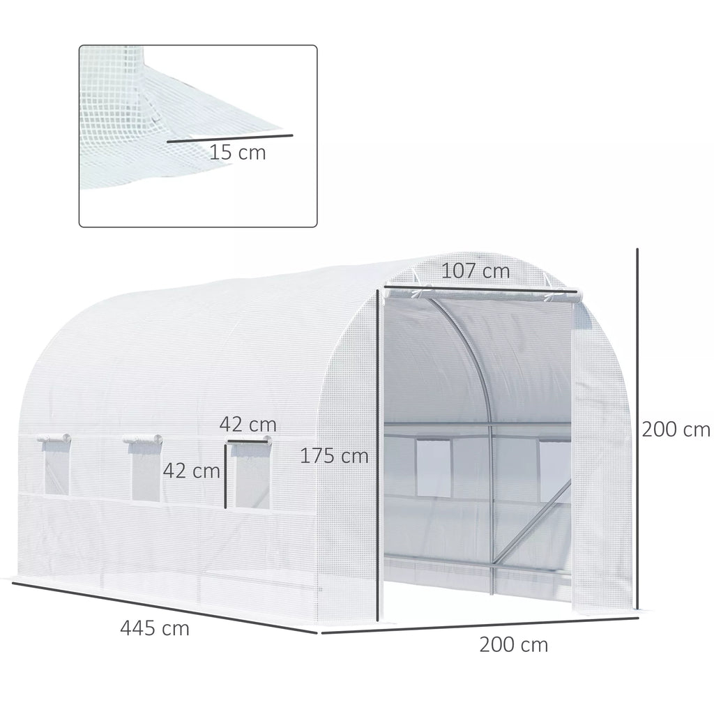 Schema su šiltnamio matmenimis: 445 × 200 cm, aukštis 200 cm, langas 15 cm