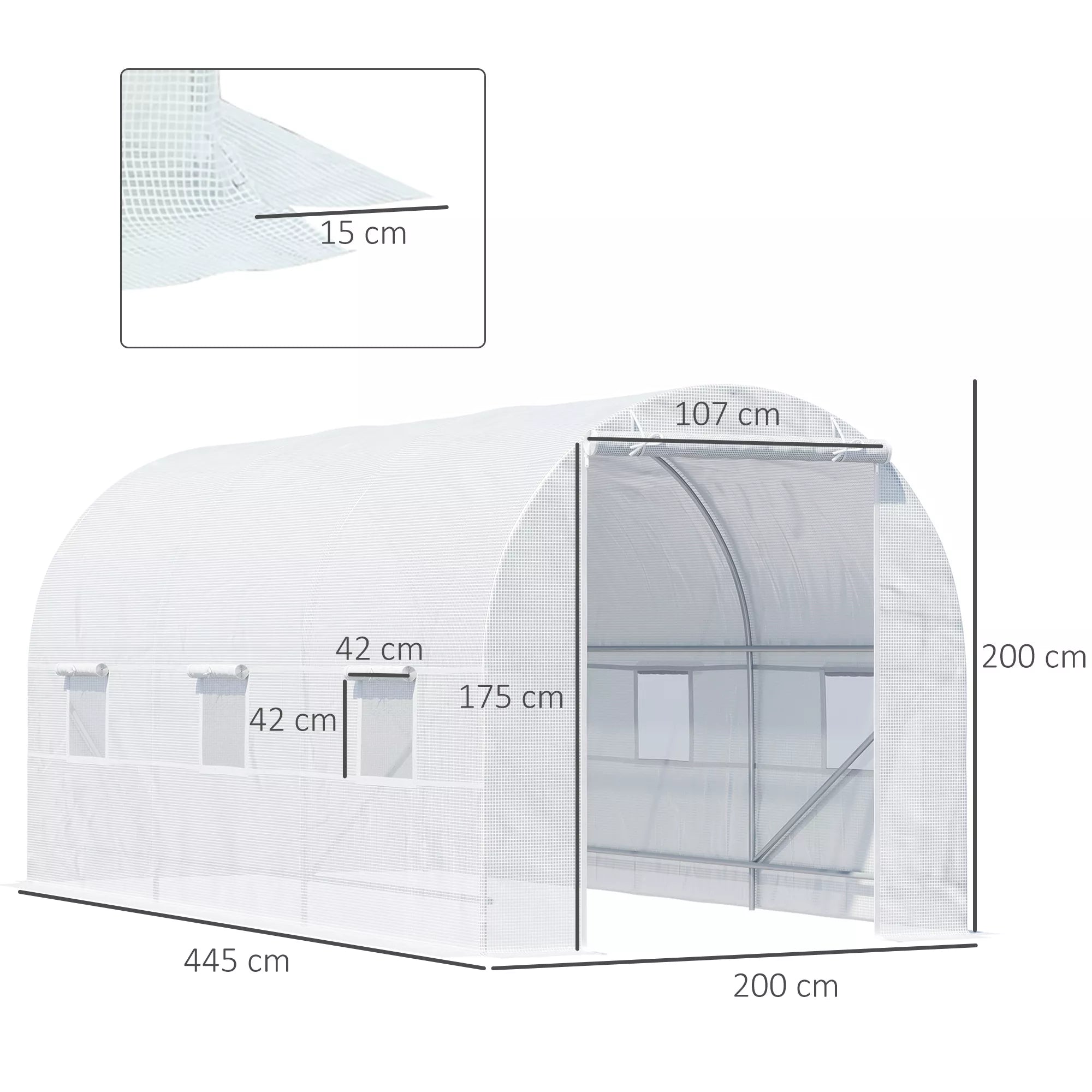 Schema su šiltnamio matmenimis: 445 × 200 cm, aukštis 200 cm, langas 15 cm
