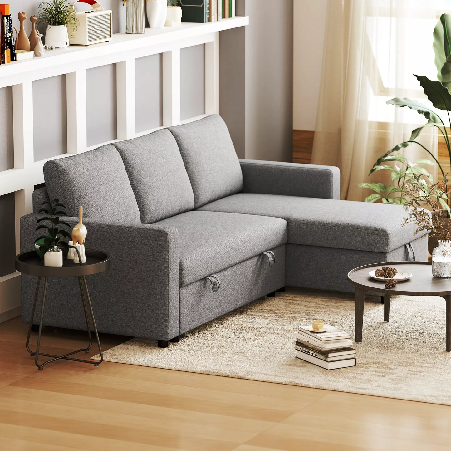 Kampinė sofa su miegojimo funkcija ir daiktadėže, kampinė sofa su patalynės dėže, čiažlongas, miegamoji sofa, audinio sofa, L formos, lininis paviršius, šviesiai pilka, 211,5 x 146 x 85 cm