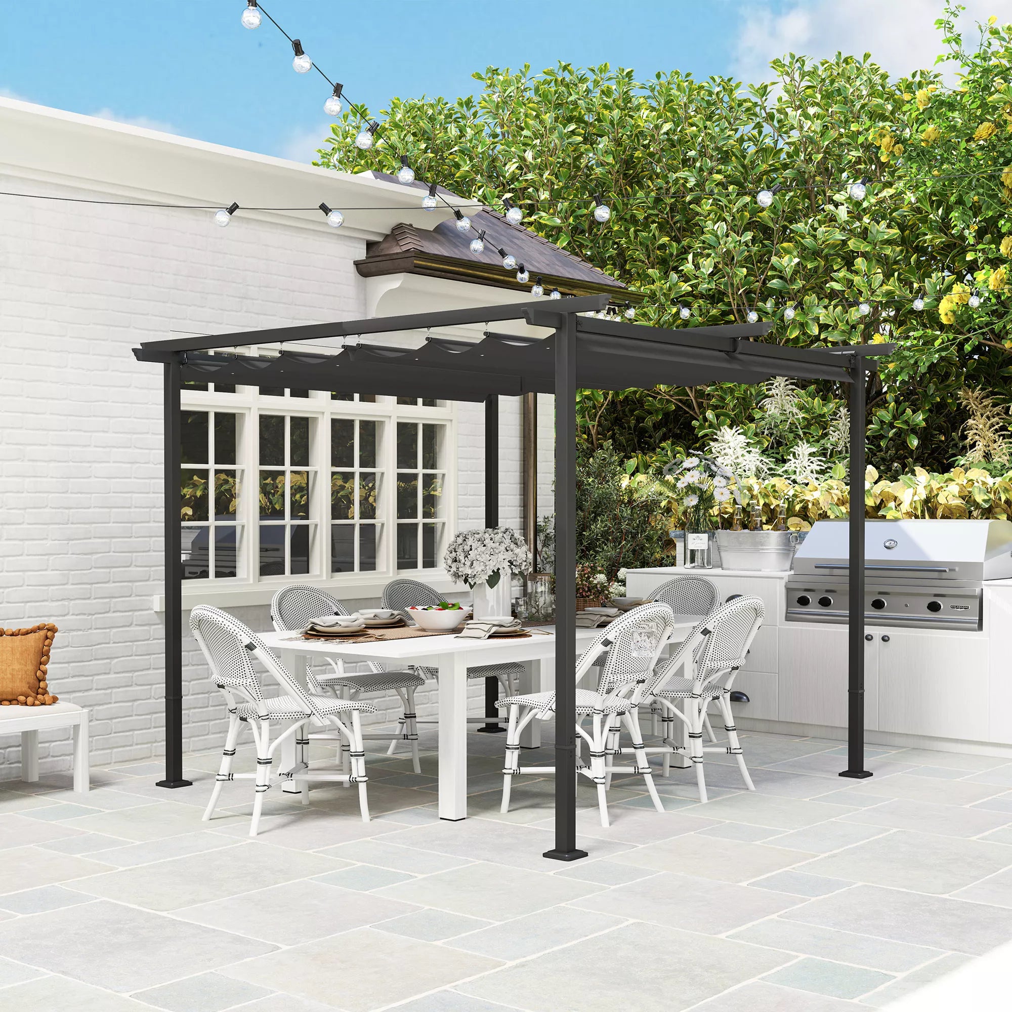 3 x 3 m sodo pergola su reguliuojamu stogu, metaliniu rėmu, UPF30+ apsauga, saulės stogu verandoje, terasoje, tamsiai pilka