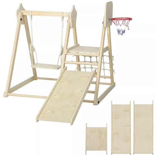 5-in-1 vidaus laipiojimo konstrukcija su čiuožykla, sūpuokle, laipiojimo tinklu, krepšinio stovu, sulankstoma, 3–6 metai, natūralus medis