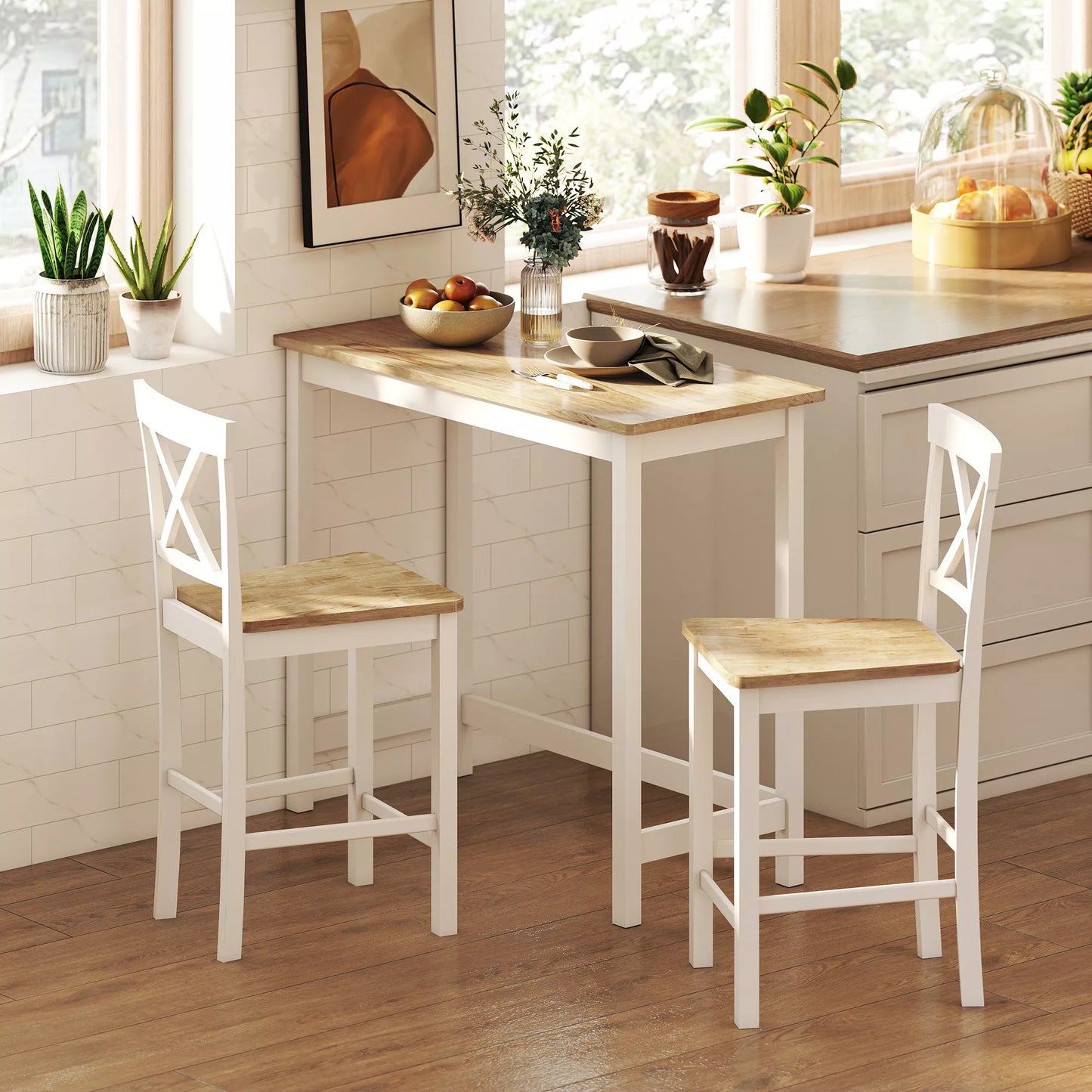 2 vnt. baro kėdžių rinkinys su atlošu ir atrama kojoms, kaučiukmedžio mediena, skirta virtuvei, valgomajam, barui, ąžuolo+balta spalva