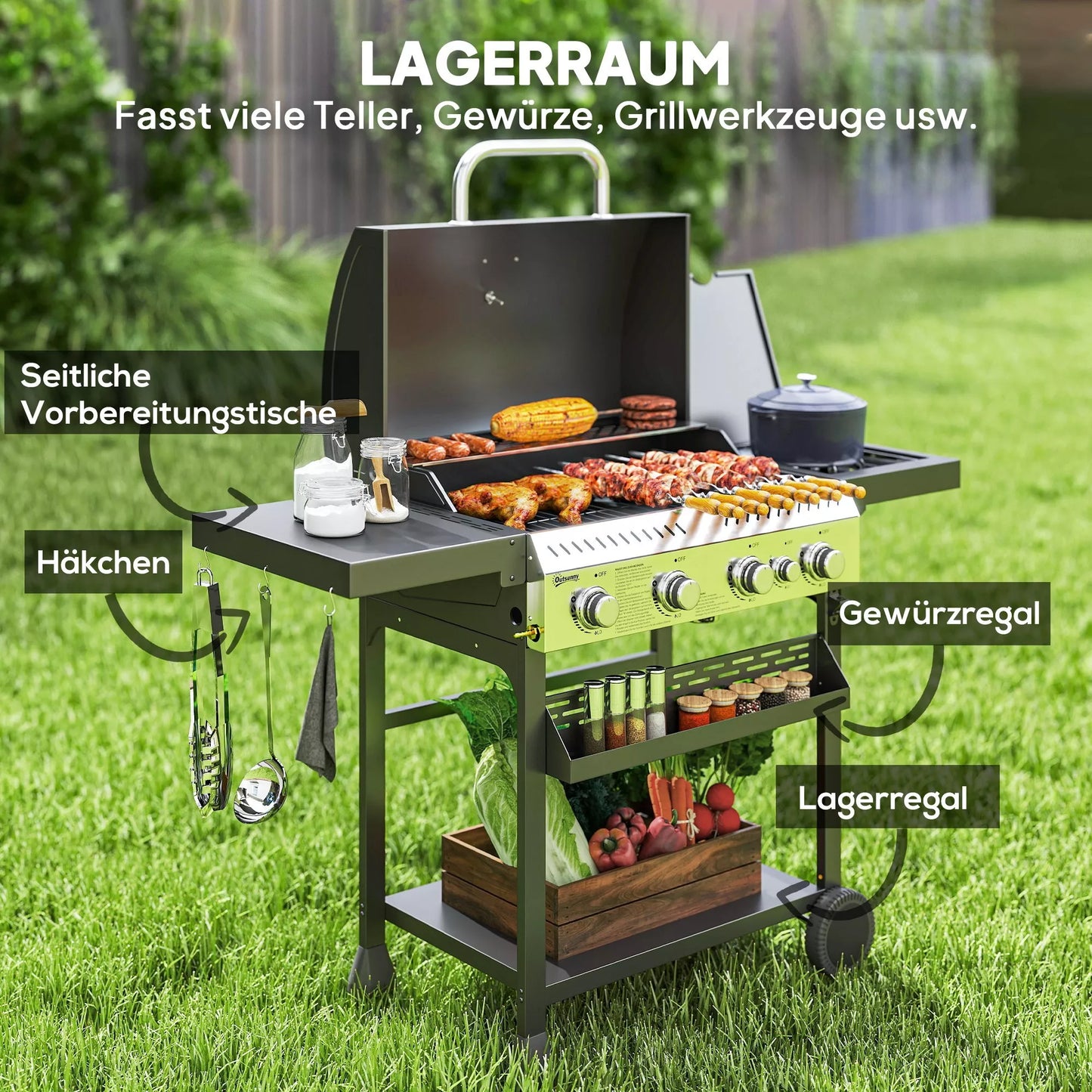 Dujinė kepsninė, BBQ kepsninė, 4 pagrindiniai degikliai, 1 šoninis degiklis, 1 pašildymo plokštelė; 135 x 55 x 103 cm, Juoda