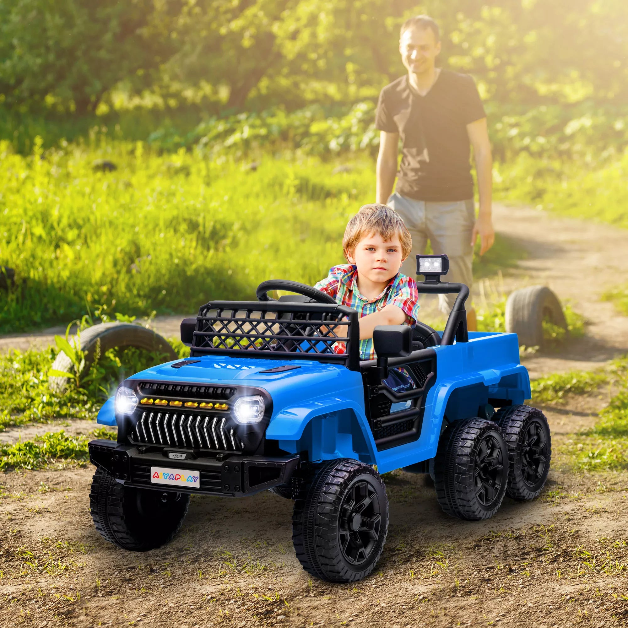 12 V elektrinis vaikų automobilis su priekaba, LED žibintais, muzika ir signaline, skirtas 3–8 metų vaikams, šviesiai mėlynos spalvos