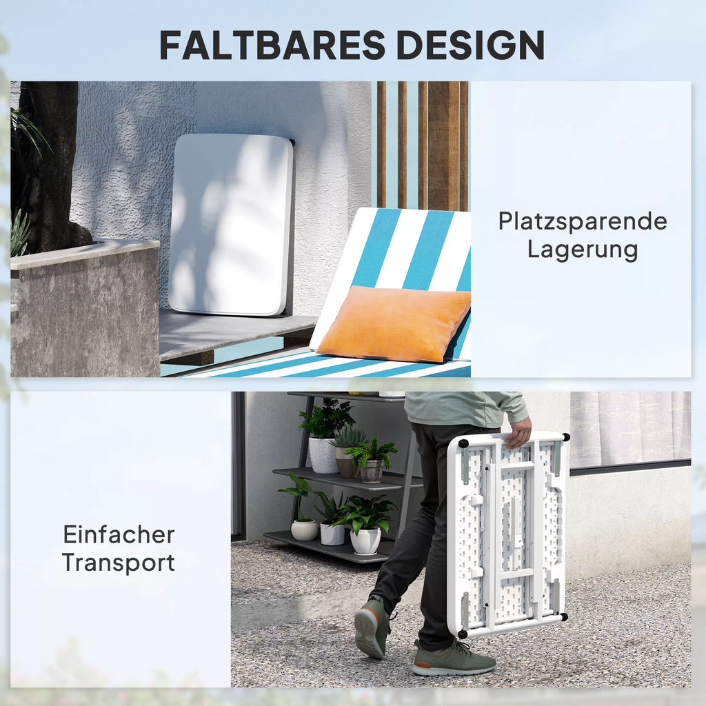 Sulankstomas sodo staliukas su šešiomis reguliuojamo aukščio padėtimis, mobilus balkono stalas, plastikas ir metalas, 76x50x74 cm, balta