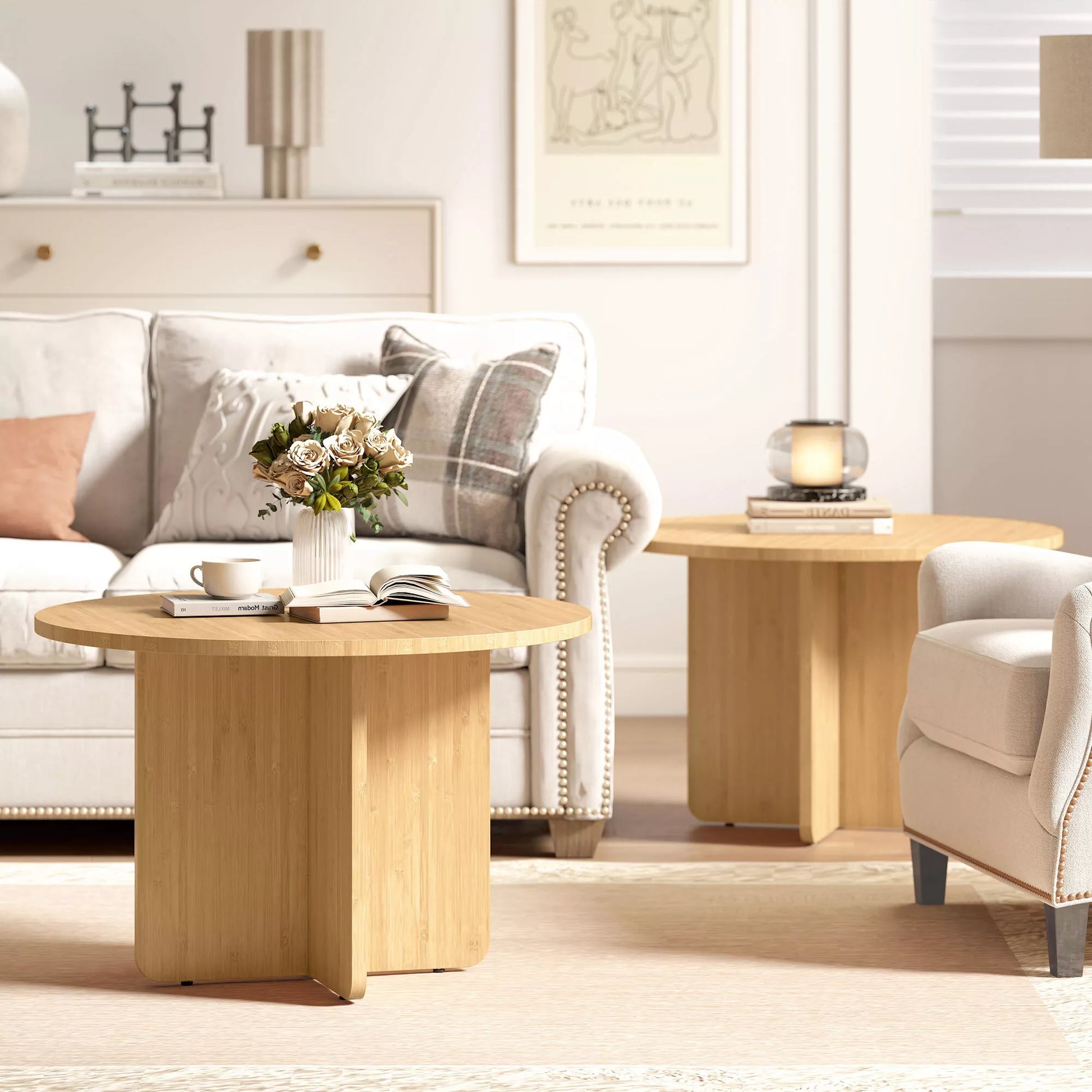 Apvalus kavos staliukas svetainei, bambukinis žurnalinis staliukas, bambukas ir plienas, 60x60x45 cm, natūrali