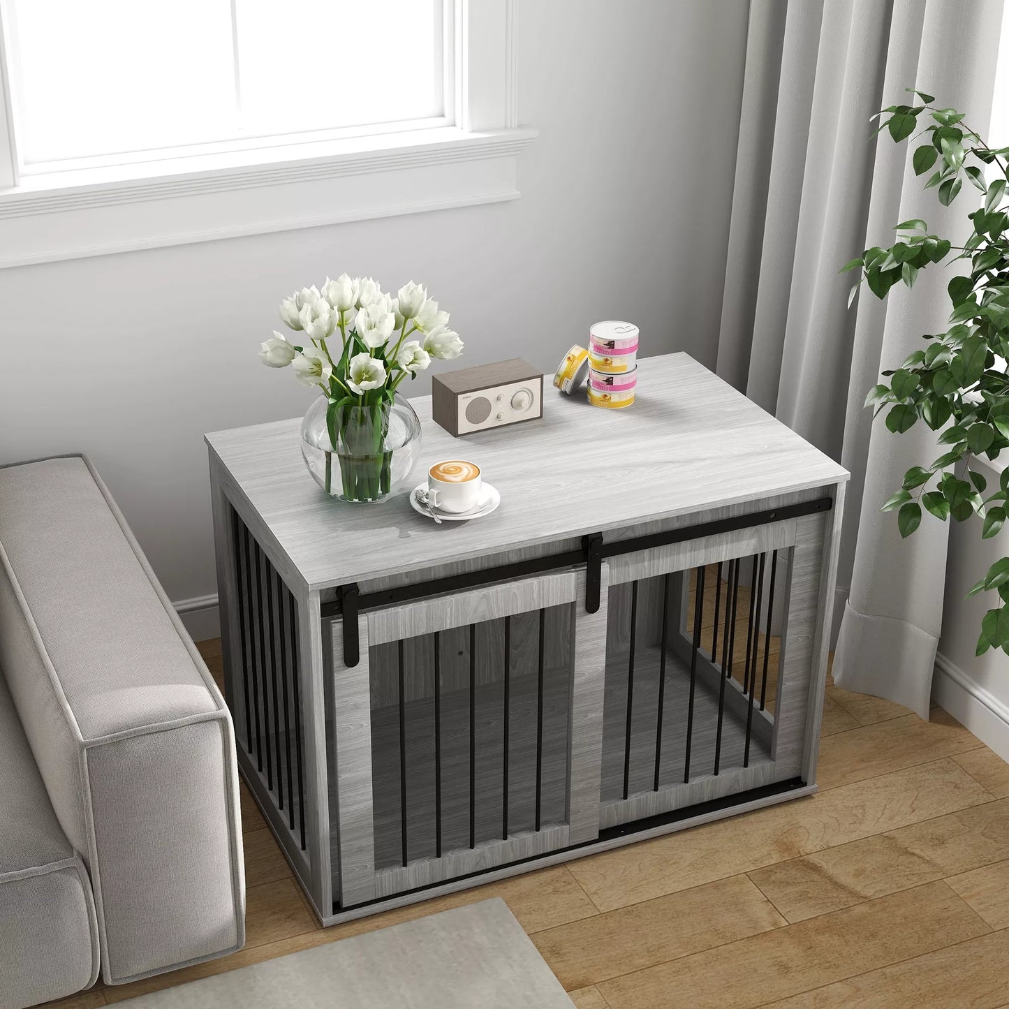 Šunų transportavimo dėžė su stumdomomis durimis, ventiliacija, iš medžio drožlių plokštės ir plieno, 98 x 58 x 61 cm, pilka