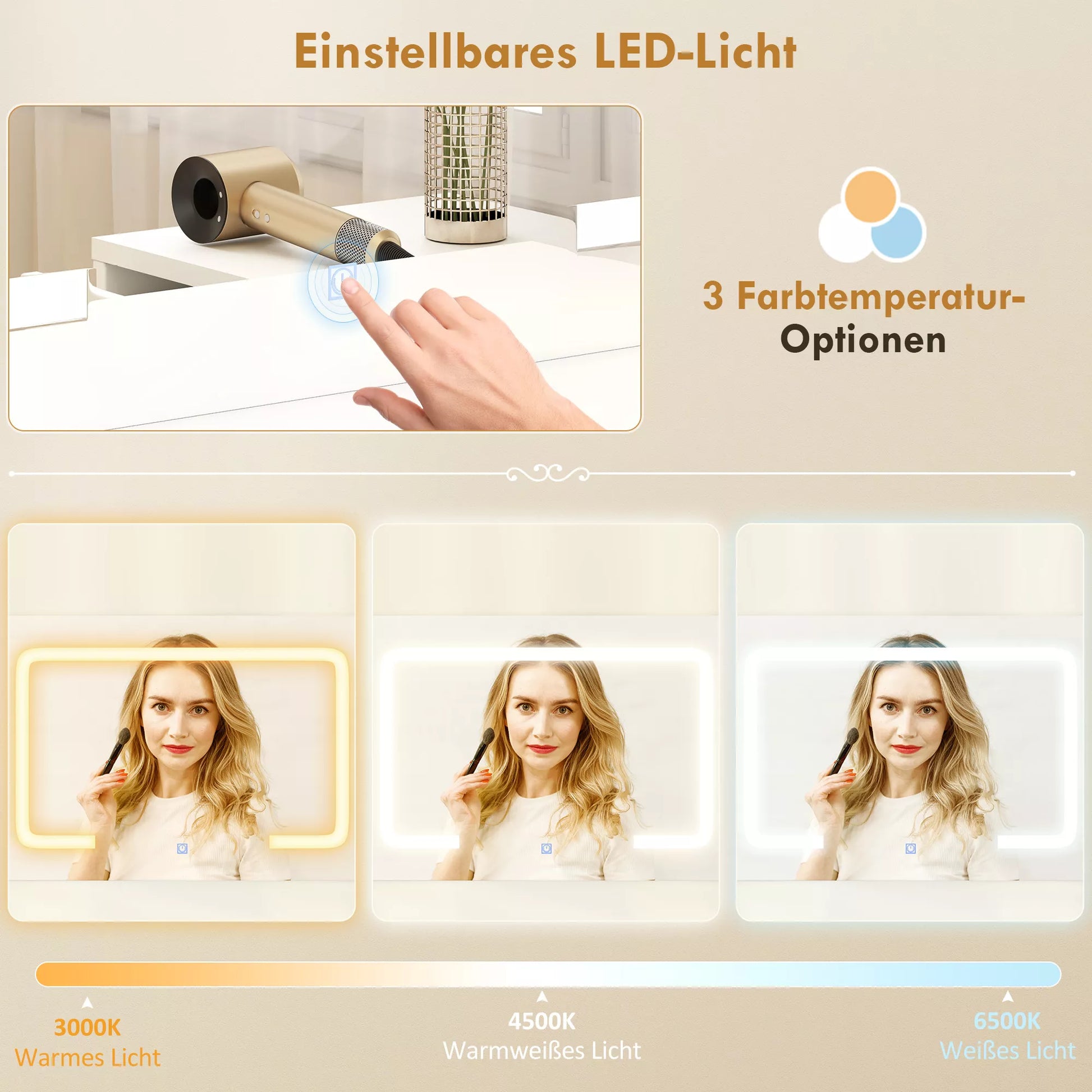 Tualetinis staliukas su reguliuojamu LED veidrodžiu, rozetėmis, 6 stalčiais, 2 atviromis lentynomis, baltas