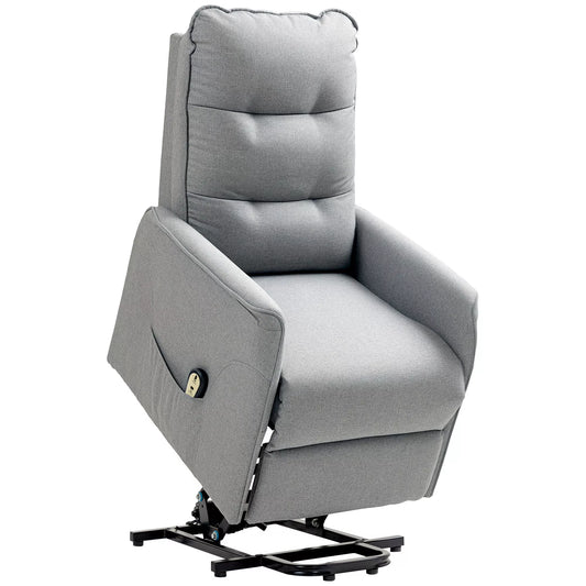 Krėslas su pakėlimo funkcija, recliner krėslas su pagalba atsistojant, elektrinis relaksacinis krėslas su nuotolinio valdymo pulteliu, šonine kišenė, pilkas