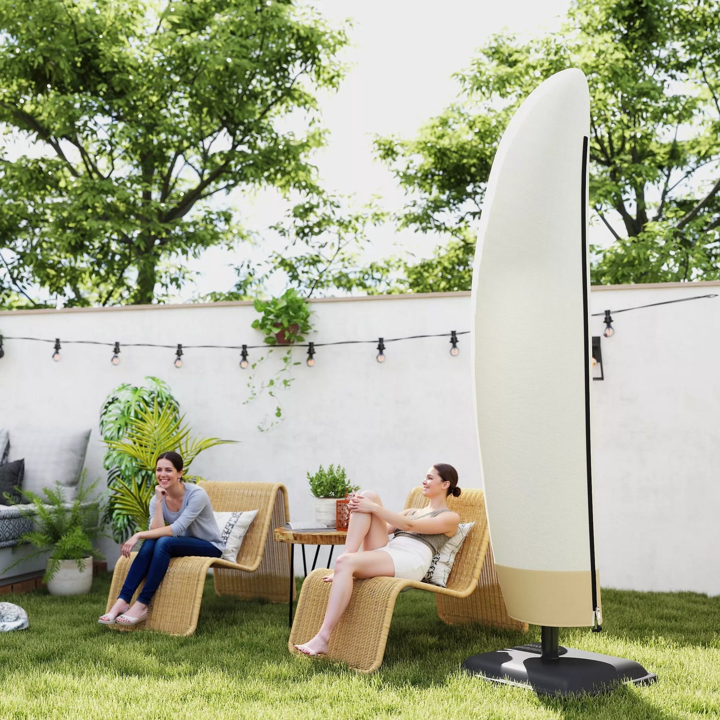 Apsauginė skėčio nuo saulės danga Ø 400 cm, atspari vandeniui, apsauganti nuo oro sąlygų, su stulpu, užtrauktuku, raišteliu, Oksfordo audiniu, UV spinduliams atspari atverčiama skėčio nuo saulės danga 220 × 56 cm, smėlio spalvos