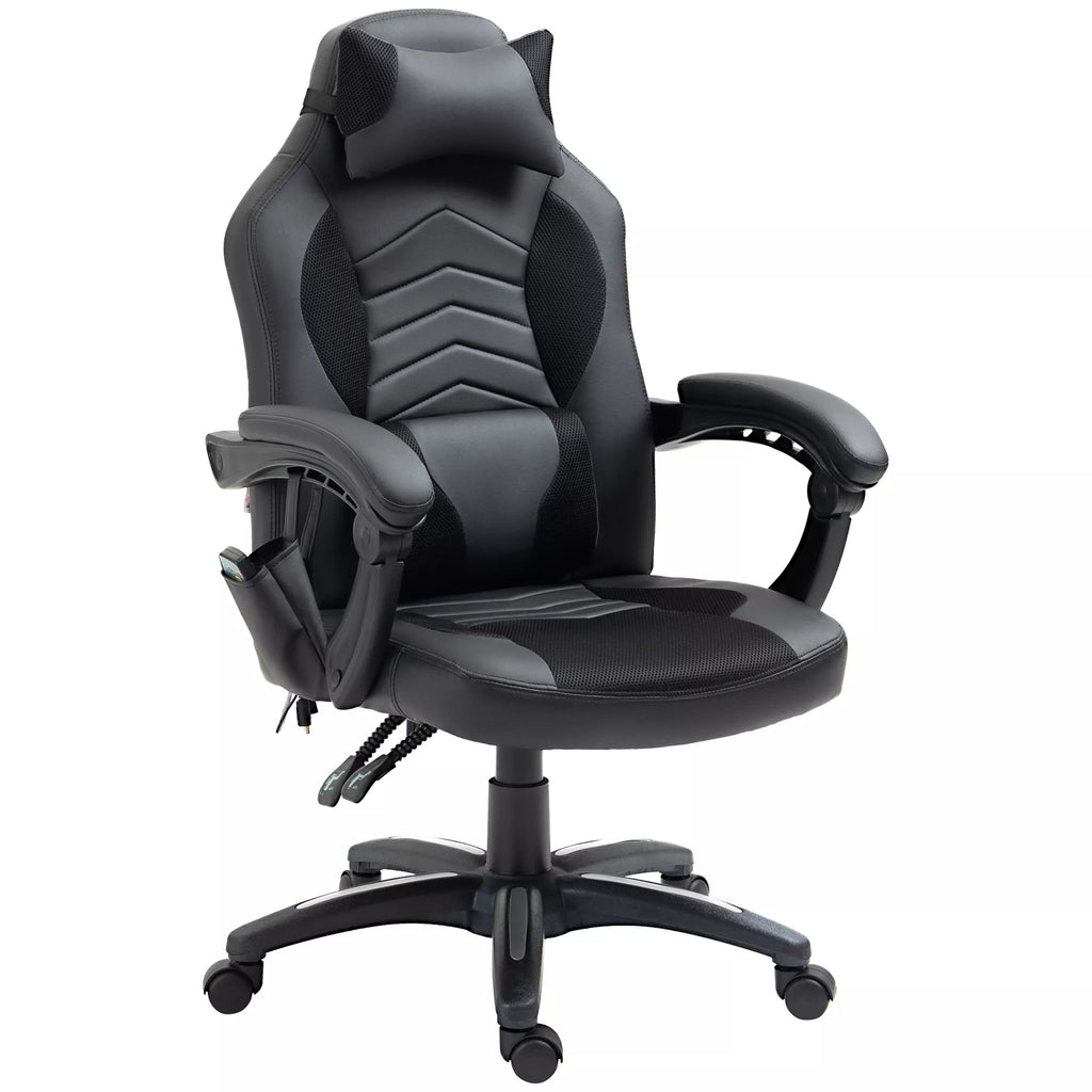 HOMCOM Biuro kėdė Masažinė kėdė su 6 vibracijos taškais Ergonomiška žaidimų kėdė su šildymo funkcija Dirbtinė oda Juoda 68 x 69 x 108-117cm